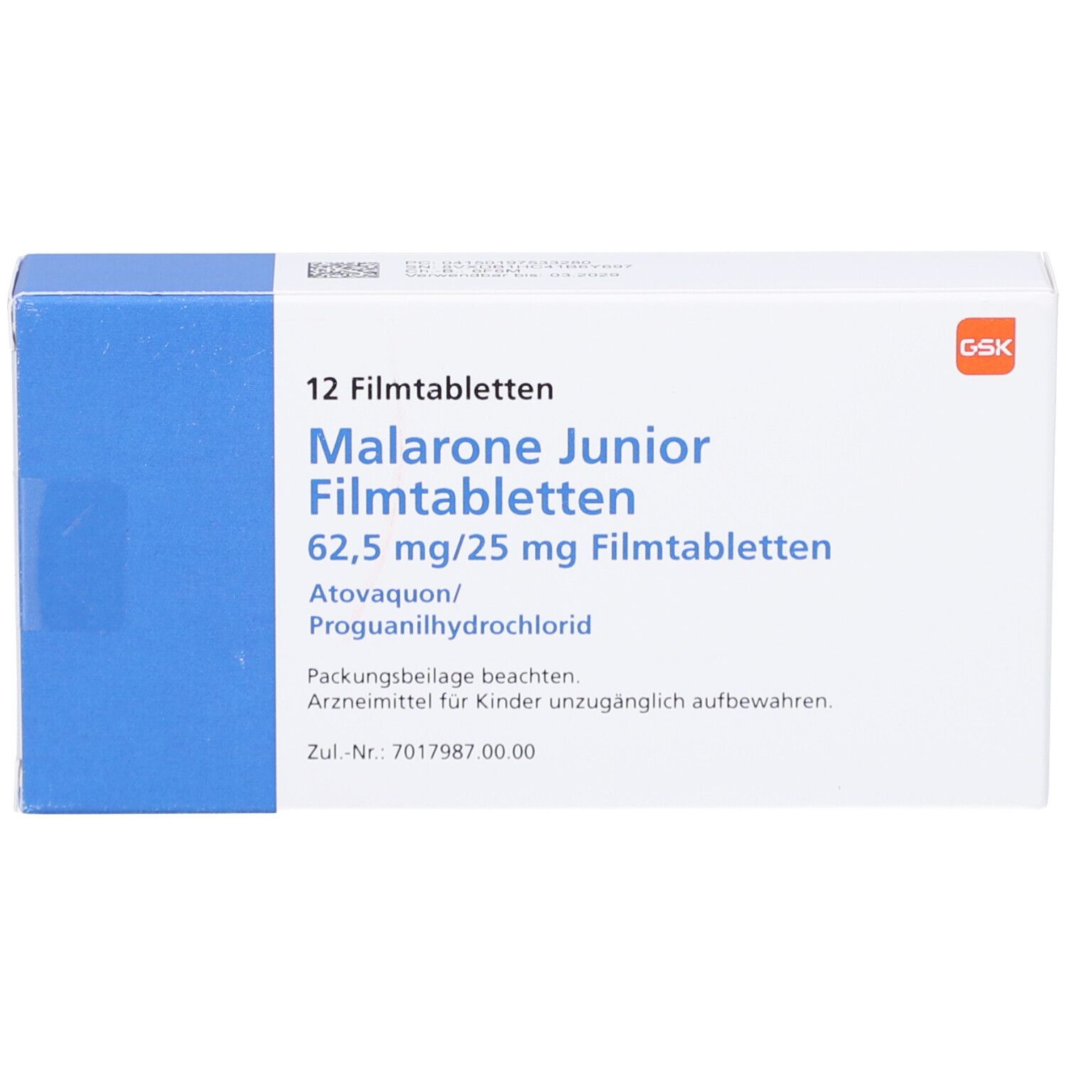 Schachtel mit 12 Filmtabletten. Aufschrift: Malarone Junior Filmtabletten, 62,5 mg/25 mg. Enthält Atovaquon/Proguanilhydrochlorid. GSK-Logo.