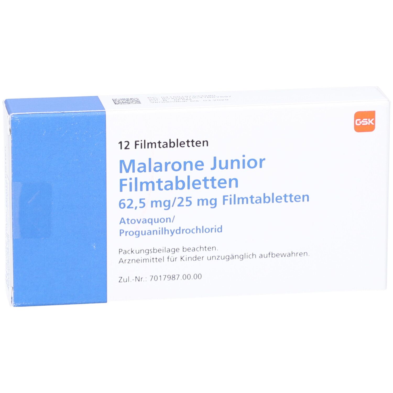 Schachtel mit 12 Filmtabletten. Aufschrift: Malarone Junior Filmtabletten, 62,5 mg/25 mg. Enthält Atovaquon/Proguanilhydrochlorid. GSK-Logo.