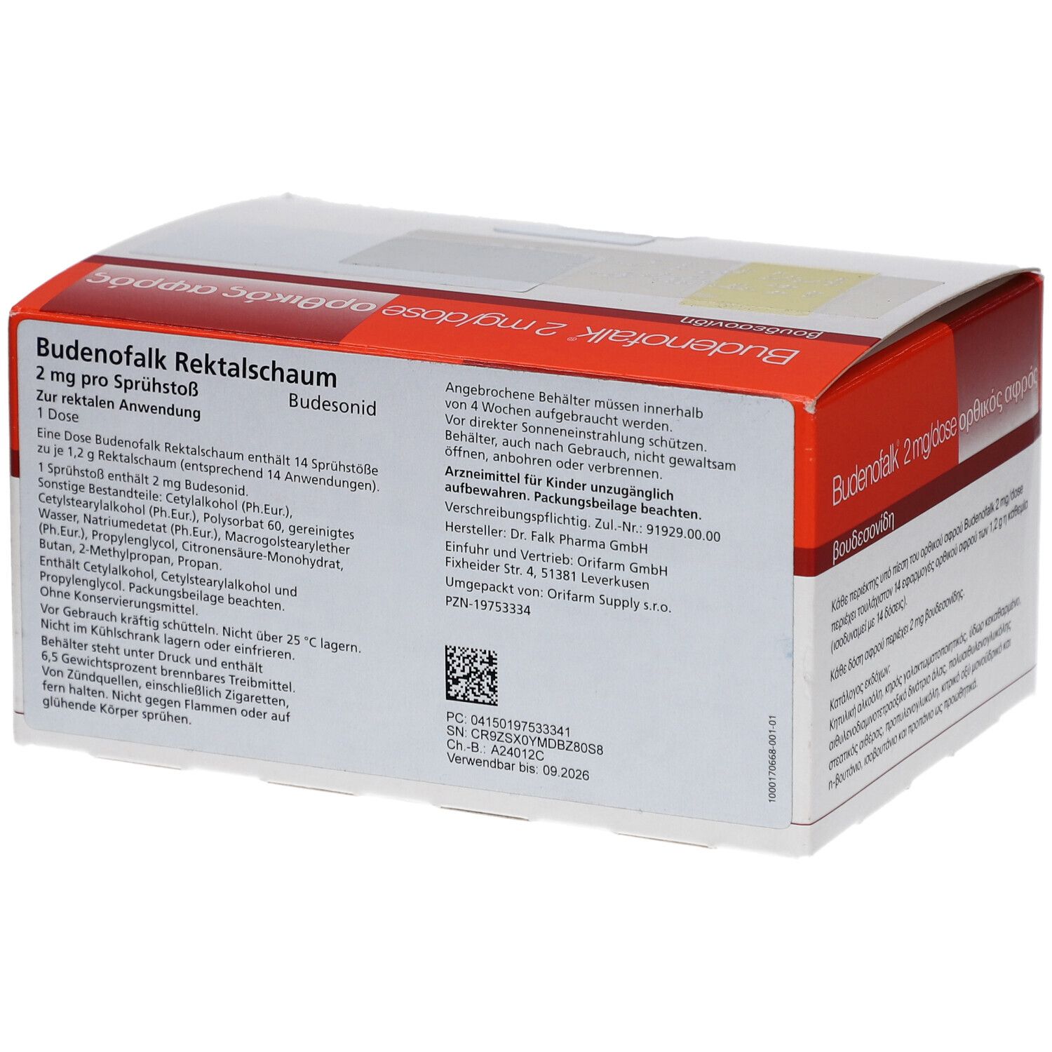 Produktverpackung mit Text. Orange-weiße Schachtel mit Produktnamen und Dosierung. Rückseite mit Text.