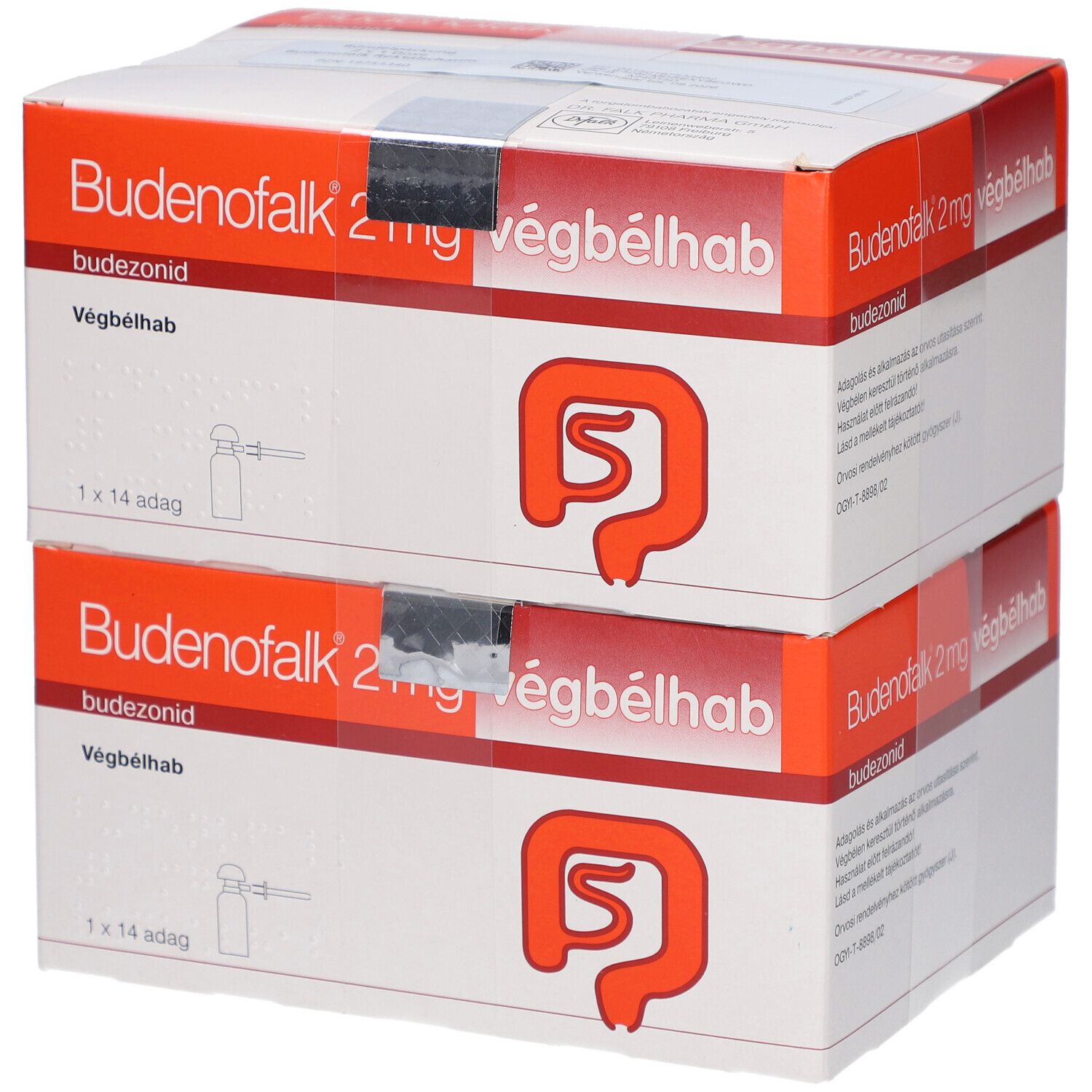 Zwei Kartons Budenofalk 2mg végbélhab. Orange-weiße Verpackung mit rotem Logo. 1x14 Dosen.