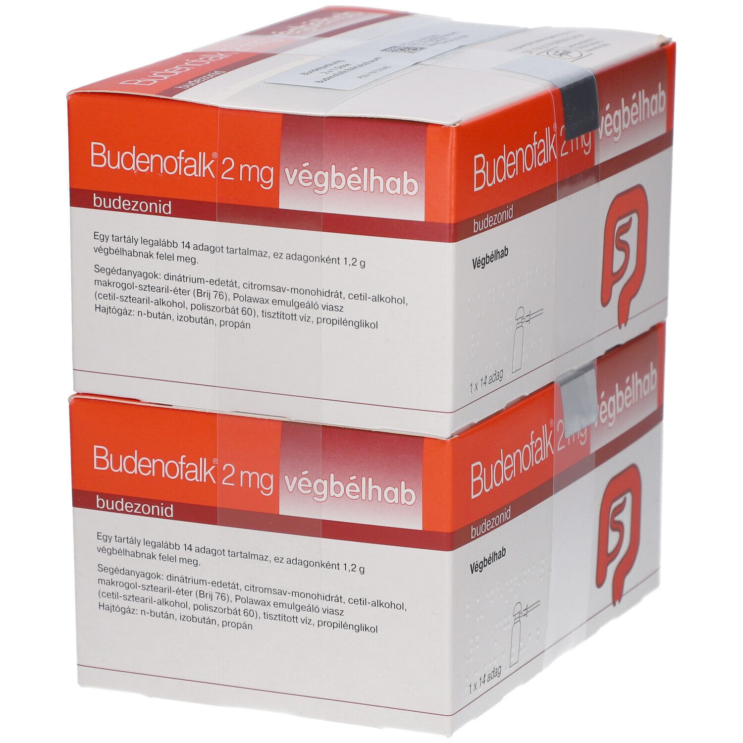 Zwei Kartons Budenofalk 2mg végbélhab. Orange-weiße Verpackung mit rotem Logo. Text und Inhaltsstoffe.