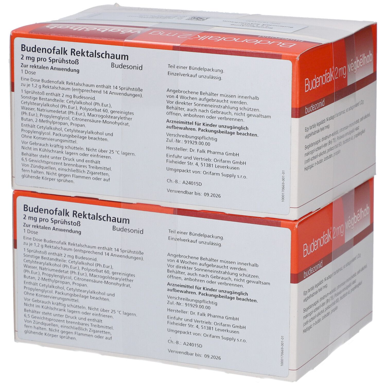 Zwei Kartons Budenofalk Rektalschaum 2 mg. Orange-weiße Verpackung mit Text und Inhaltsstoffen. 14 Sprühstöße.
