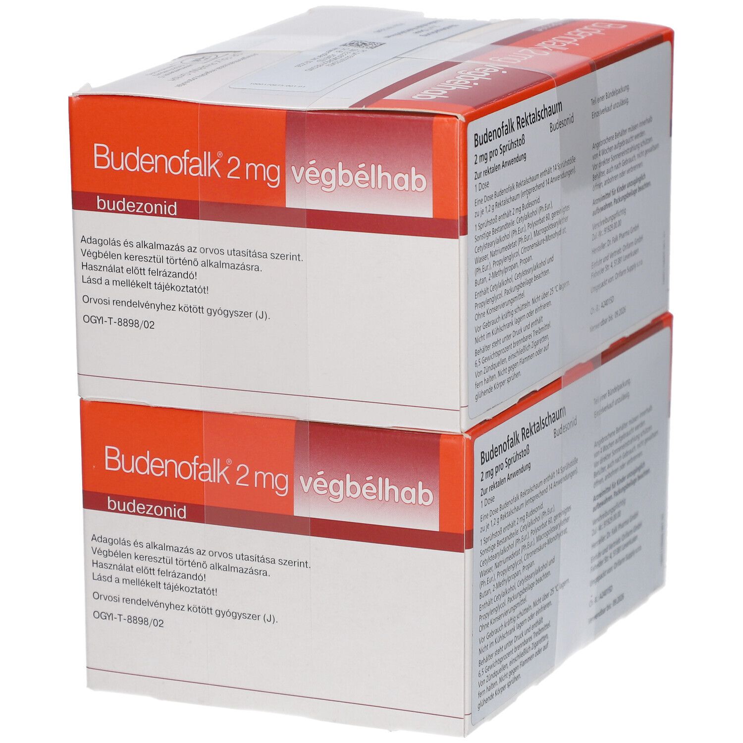 Zwei Kartons Budenofalk 2mg végbélhab. Orange-weiße Verpackung mit Text. Aufschrift: budesonid.