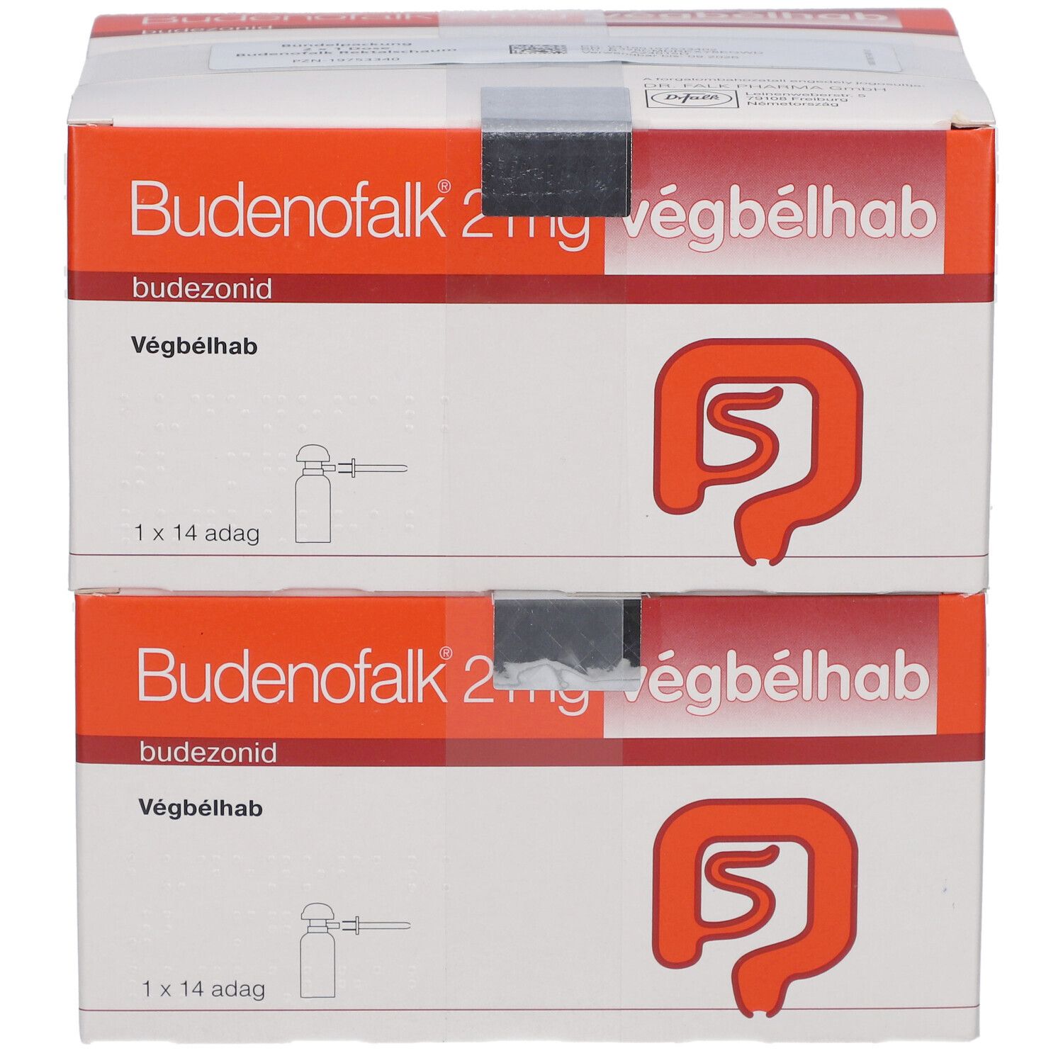 Zwei Kartons Budenofalk 2mg végbélhab. Orange-weiße Verpackung mit rotem Logo. 1x14 Dosen.