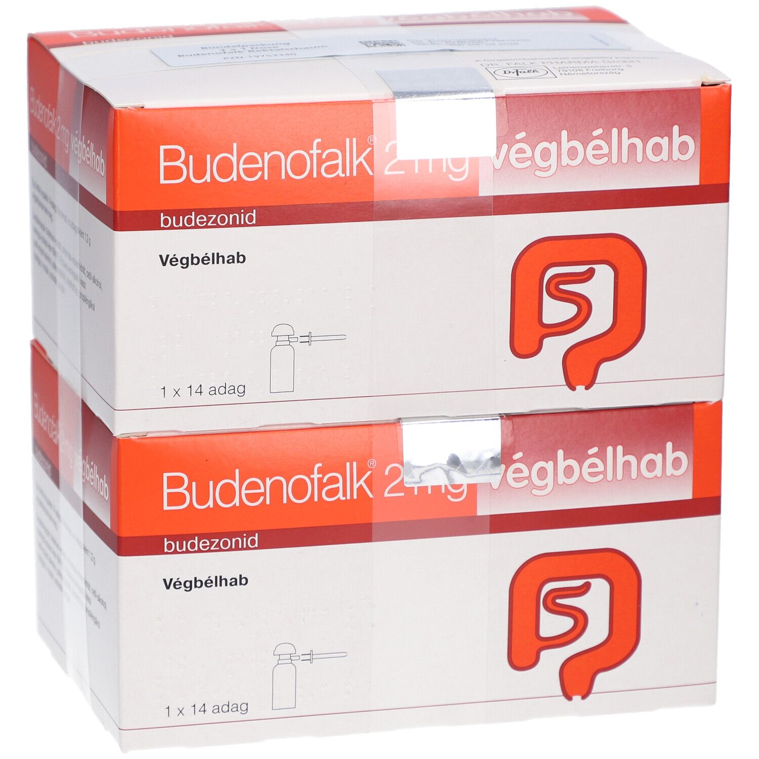 Zwei Kartons Budenofalk 2mg végbélhab. Orange-weiße Verpackung mit rotem Logo. 1x14 Dosen.