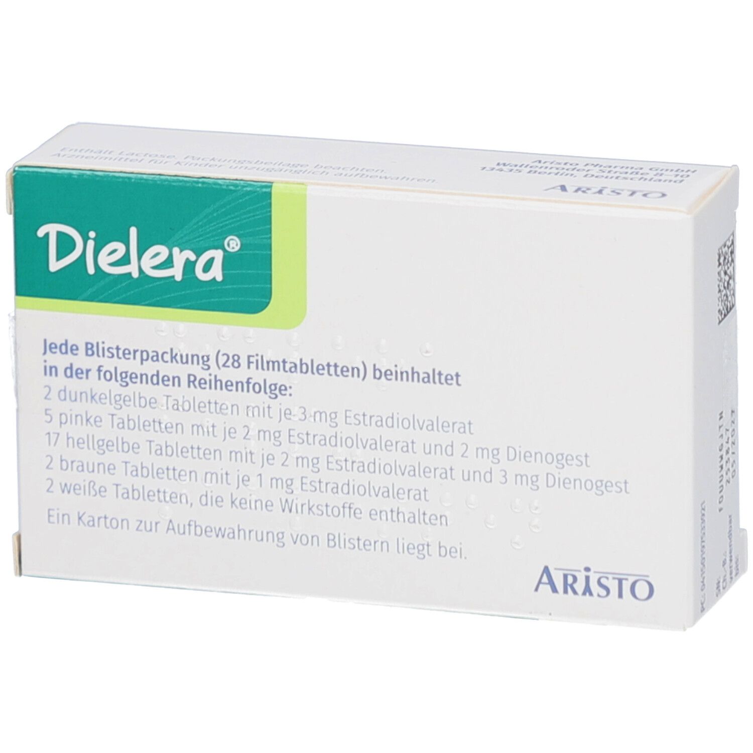 Verpackung von DIELERA Filmtabletten. Weißer Karton mit grünen und gelben Akzenten. Textinformationen zur Zusammensetzung.