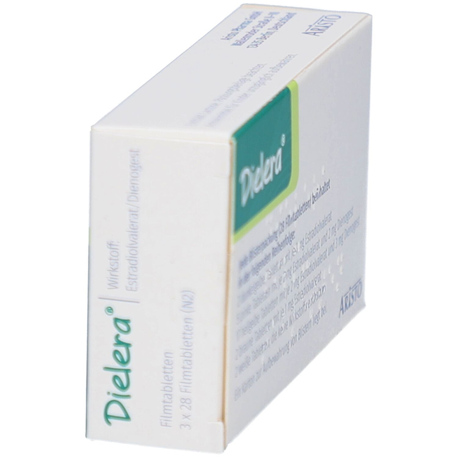 Schrägansicht der DIELERA Filmtabletten-Verpackung. Weißer Karton mit grünen Akzenten. Produktname und Herstellerlogo sichtbar.