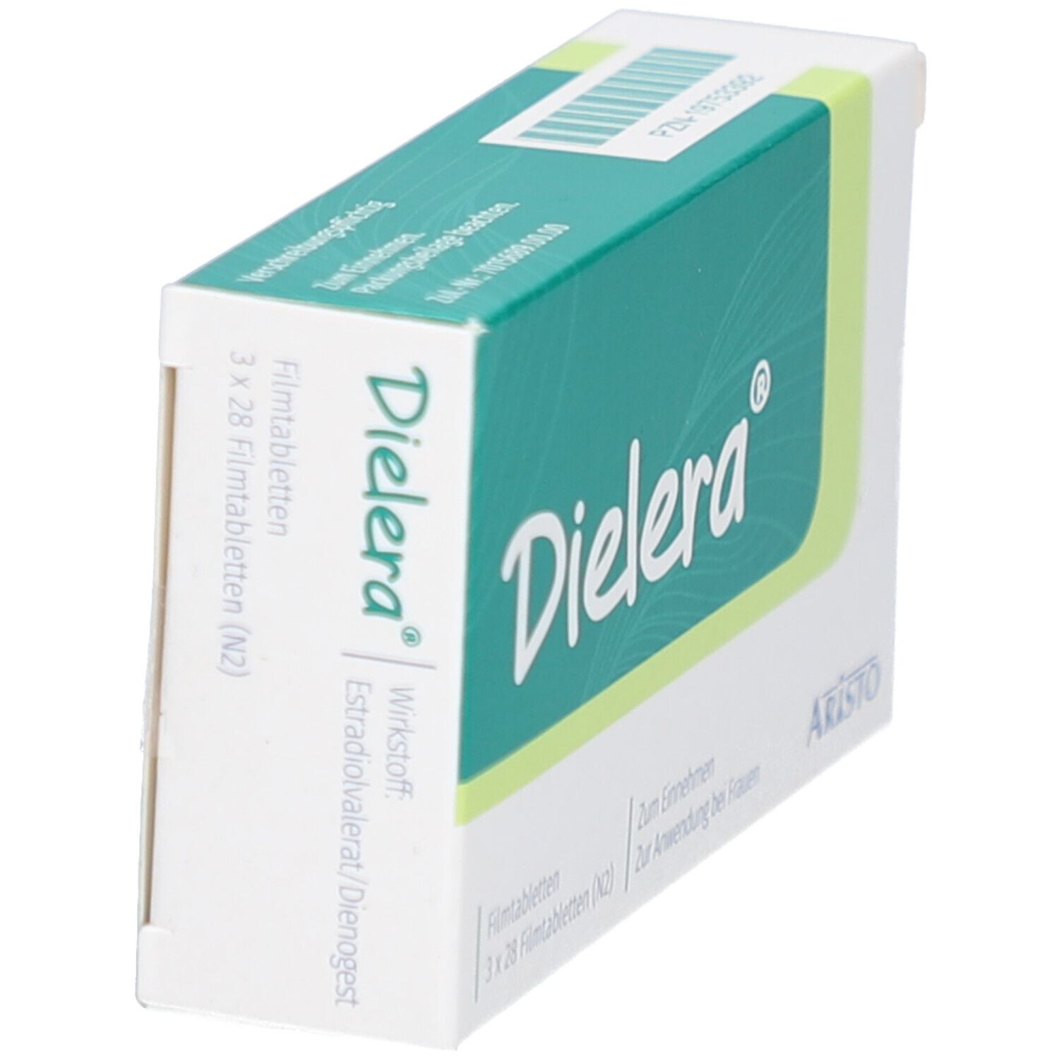 Schrägansicht der DIELERA Filmtabletten-Verpackung. Weißer Karton mit grünen Akzenten. Produktname und Herstellerlogo.