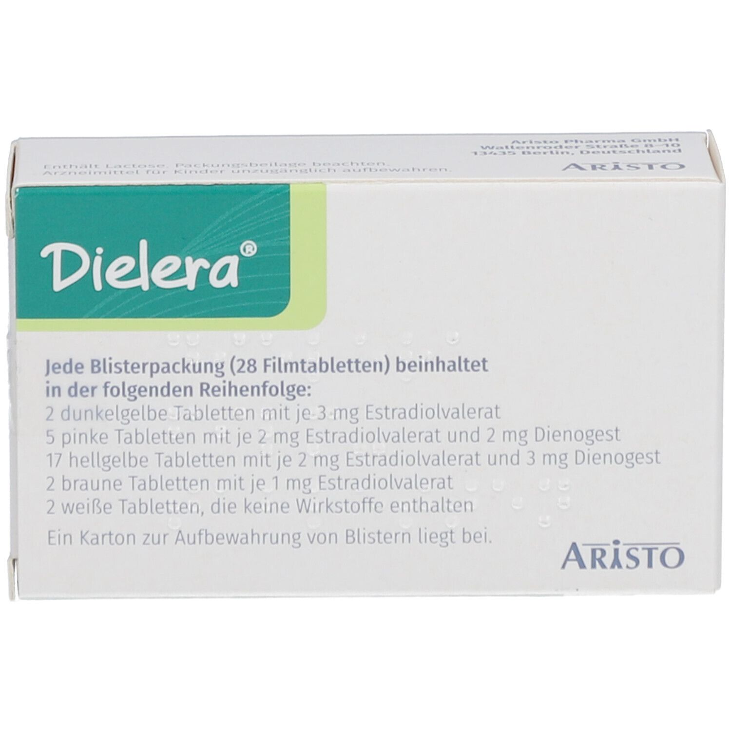 DIELERA Filmtabletten-Verpackung. Weißer Karton mit grünen und gelben Akzenten. Textinformationen zur Zusammensetzung und Herstellerlogo.