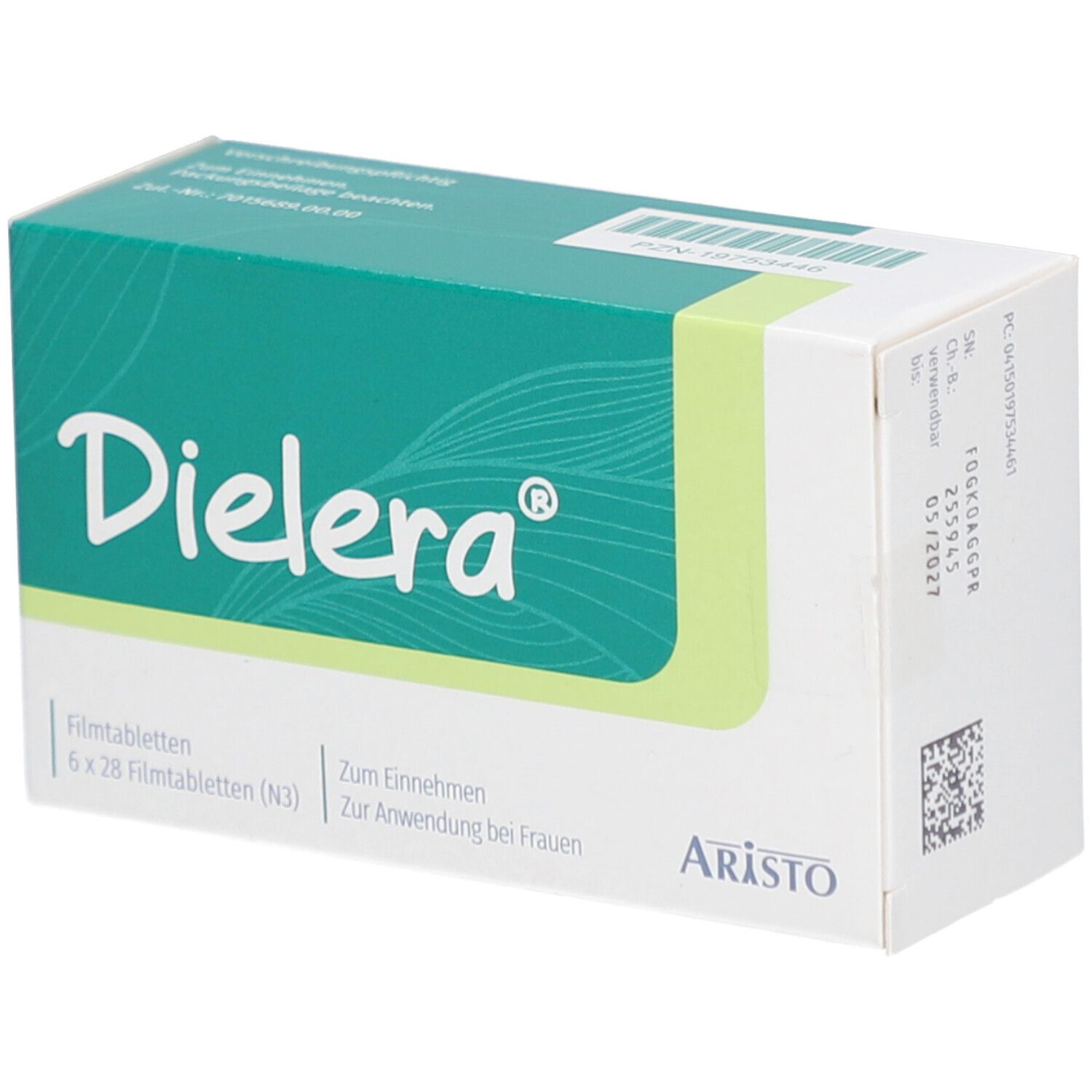 Schachtel mit "Dielera" Filmtabletten. Grün-weiße Verpackung. "Aristo" Logo. Enthält 6x28 Filmtabletten.