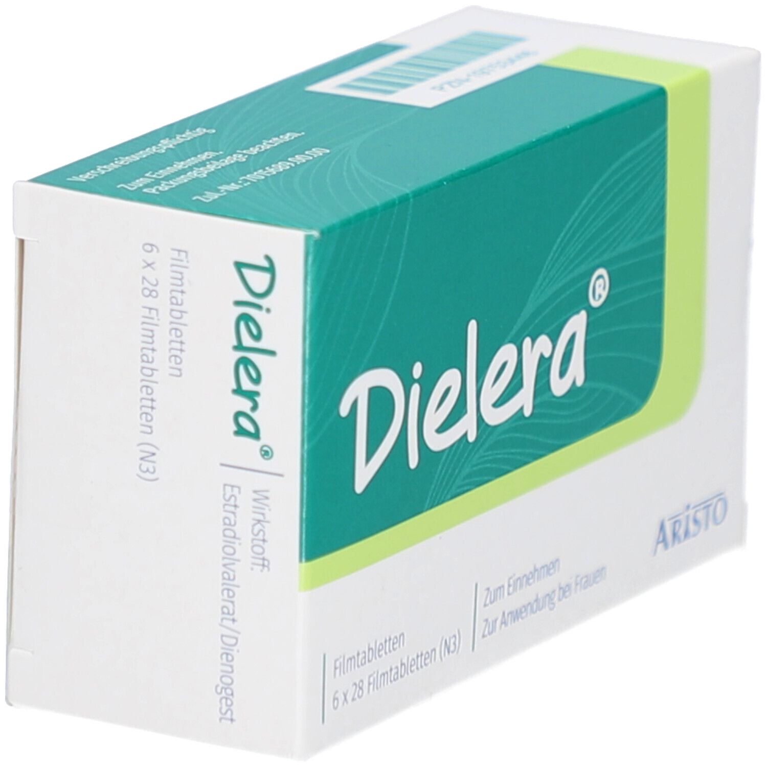 Schachtel "Dielera" Filmtabletten. Grün-weiße Verpackung. "Aristo" Logo. Enthält 6x28 Filmtabletten. Wirkstoff: Estradiolvalerat/Dienogest.
