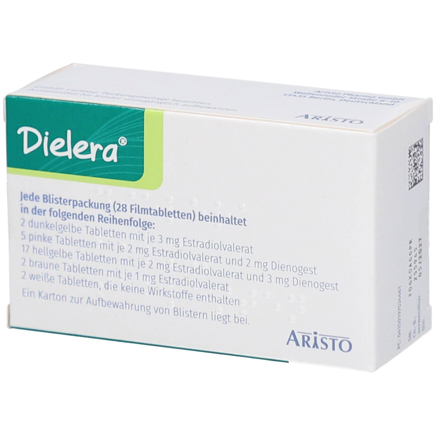 Schachtel "Dielera" Filmtabletten. Text mit Inhaltsangabe: 28 Tabletten, verschiedene Farben. "Aristo" Logo.