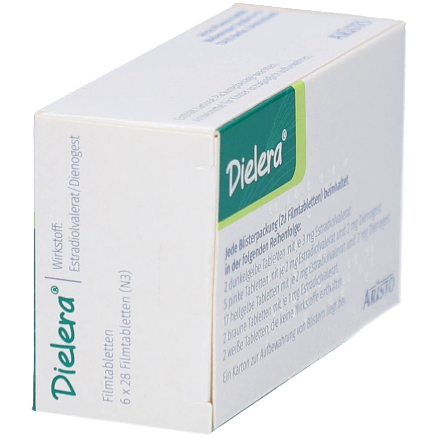Schachtel "Dielera" Filmtabletten. Grün-weiße Verpackung. Text mit Inhaltsangabe. "Aristo" Logo.