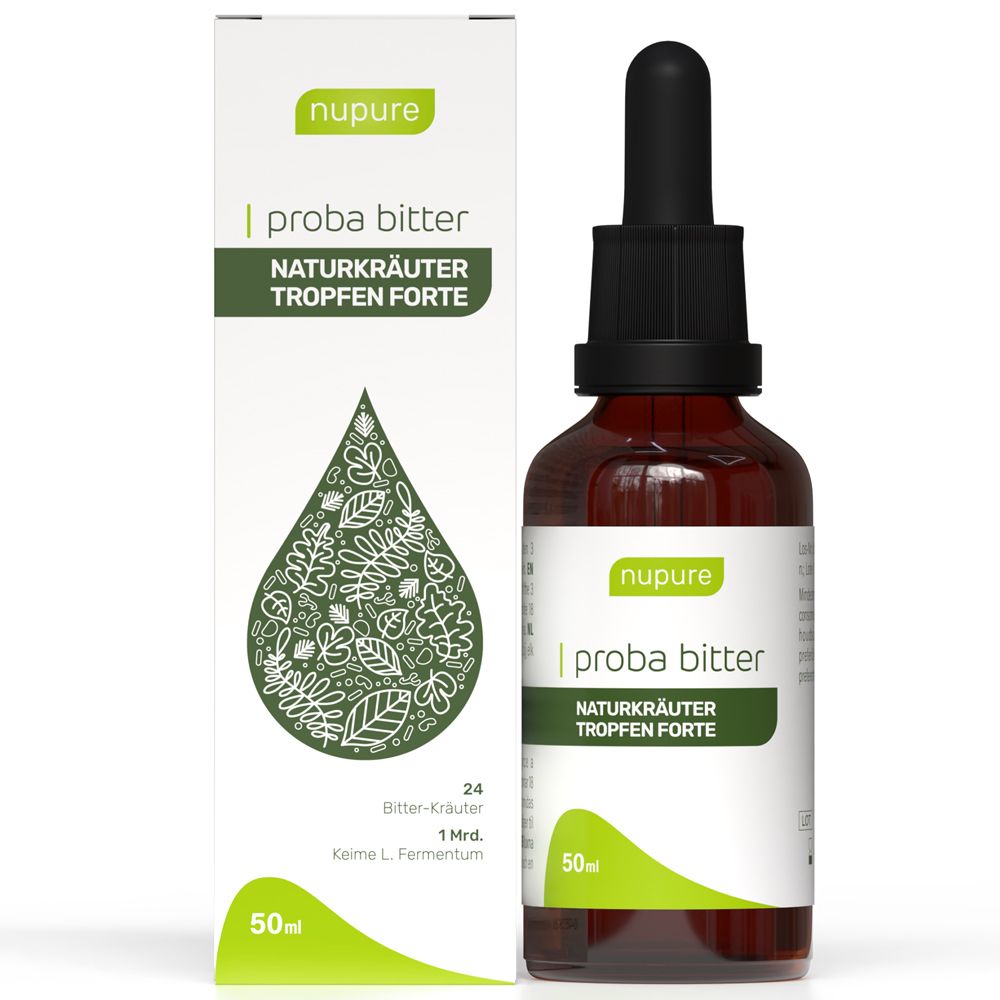 Braune Flasche mit Tropfer und Verpackung. Aufschrift: Proba Bitter Naturkräuter Tropfen Forte. 50ml.