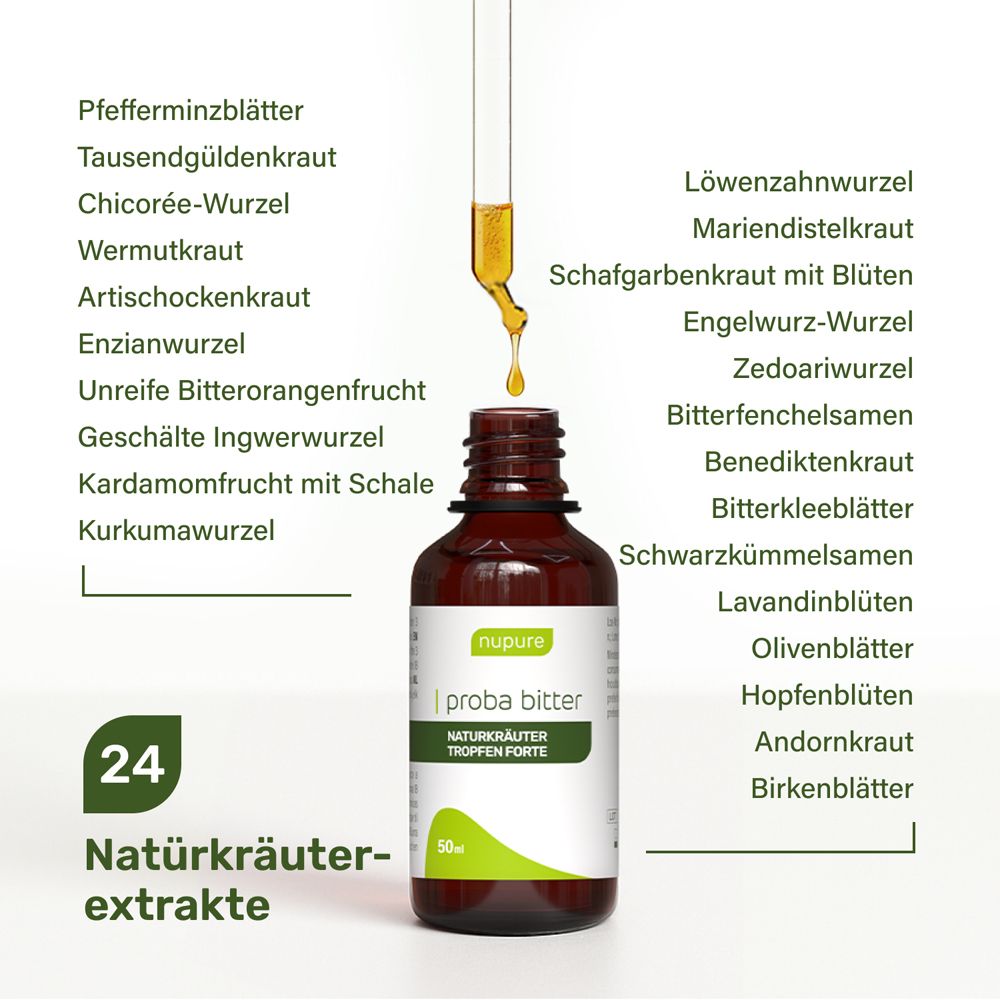 Braune Flasche mit Tropfer. Aufschrift: Proba Bitter Naturkräuter Tropfen Forte. 24 Kräuterextrakte.