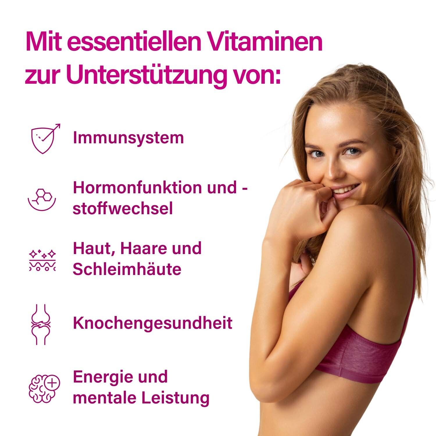 Frau mit BH, Text über essenzielle Vitamine zur Unterstützung von Immunsystem, Hormonen, Haut, Knochen und Energie.
