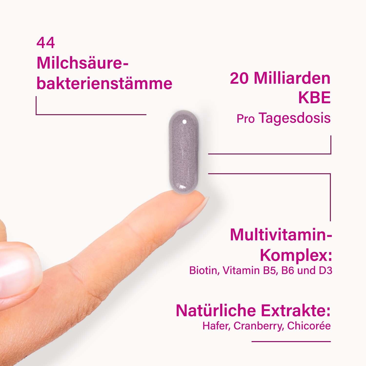 Kapsel in der Hand. Text: 44 Milchsäurebakterienstämme, 20 Milliarden KBE pro Tagesdosis, Multivitamin-Komplex, natürliche Extrakte.