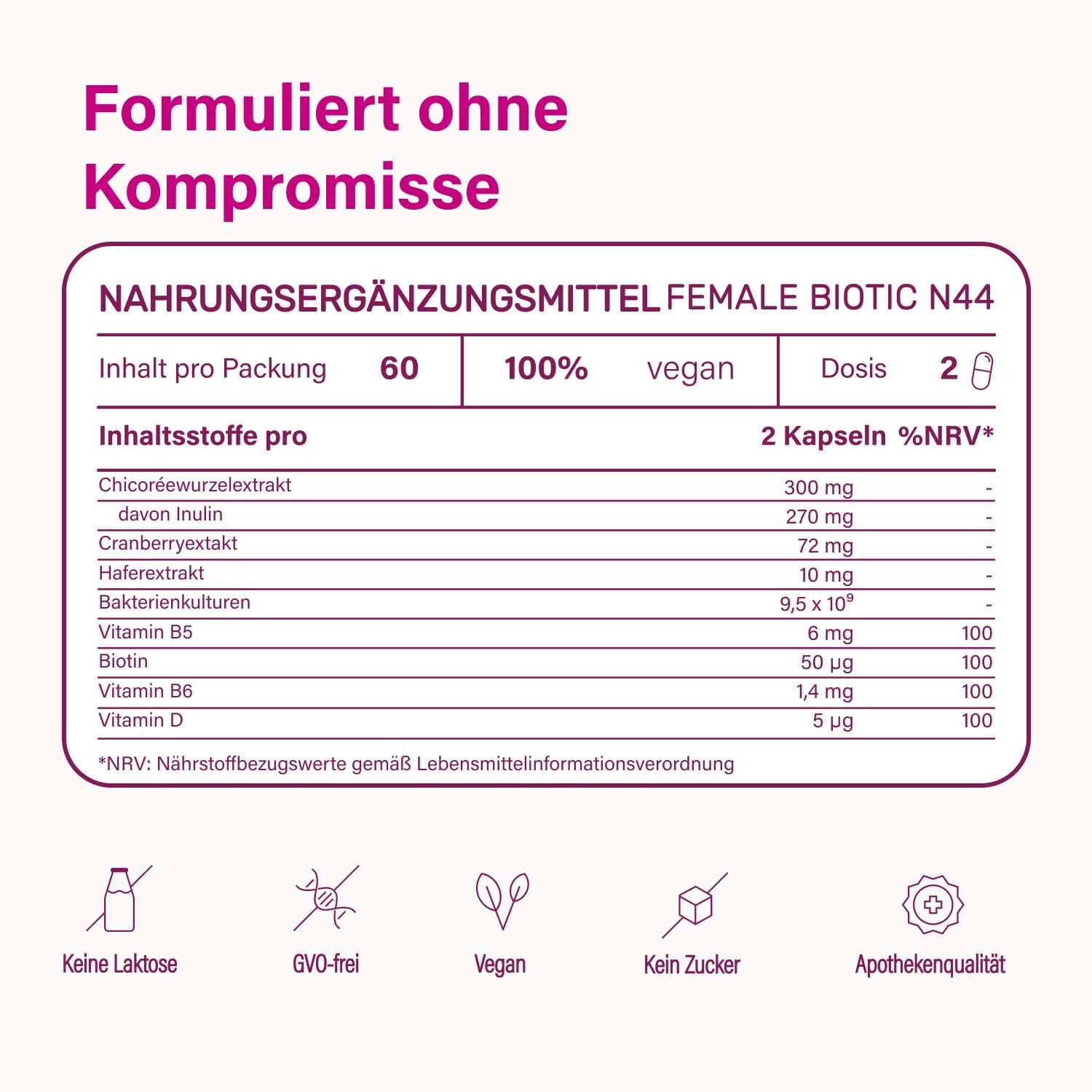 Nahrungsergänzungsmittel FEMALE BIOTIC N44. 60 Kapseln. Inhaltsstoffe pro 2 Kapseln: Chicorée, Cranberry, Vitamine.