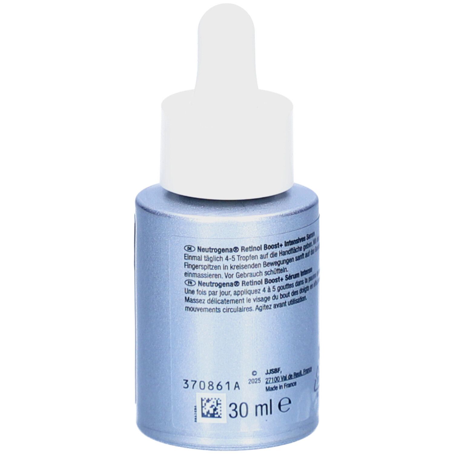 Rückansicht der Serumflasche. Text: Neutrogena Retinol Boost+ Intensives Serum. 30 ml.