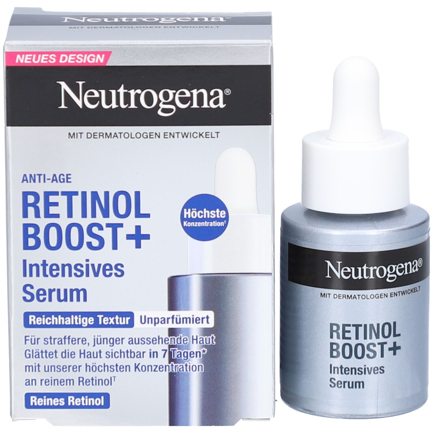 Produktverpackung und Serumflasche. Aufschrift: Neutrogena, Retinol Boost+ Intensives Serum. Box: Anti-Age.