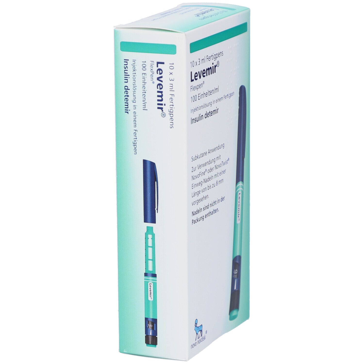 Verpackung mit geöffnetem Fertigpen. Aufschrift: Levemir Flexpen, 100 Einheiten/ml, Insulin detemir. Blaue und grüne Farben.