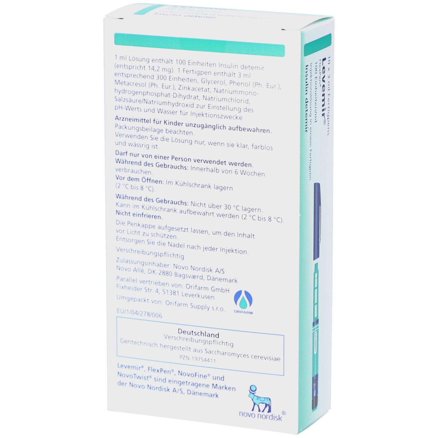 Rückseite der Verpackung. Textinformationen, darunter Inhaltsstoffe, Lagerungshinweise und Herstellerangaben. Blaue und grüne Farben.