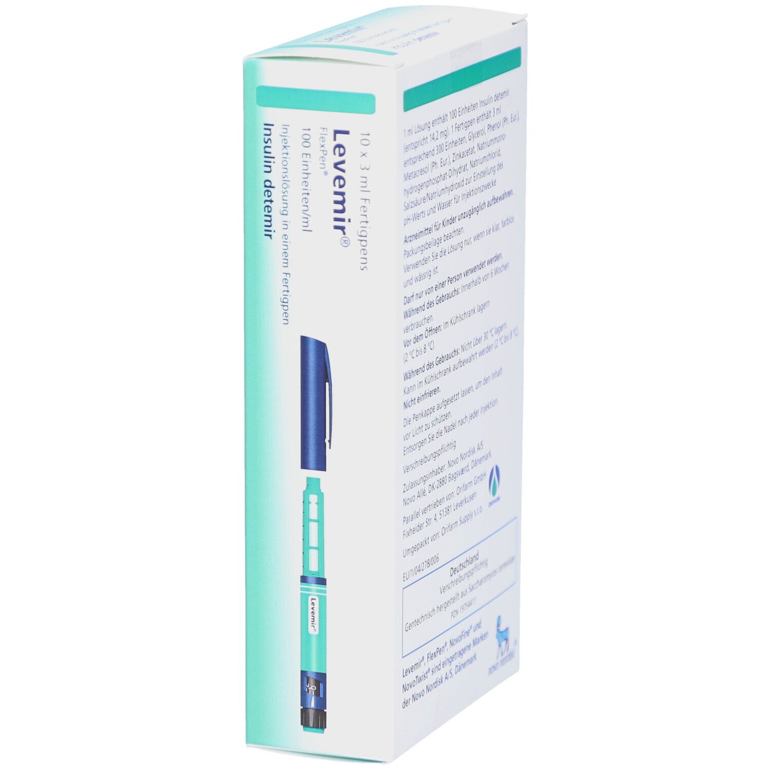Verpackung mit geöffnetem Fertigpen. Aufschrift: Levemir Flexpen, 100 Einheiten/ml, Insulin detemir. Blaue und grüne Farben.