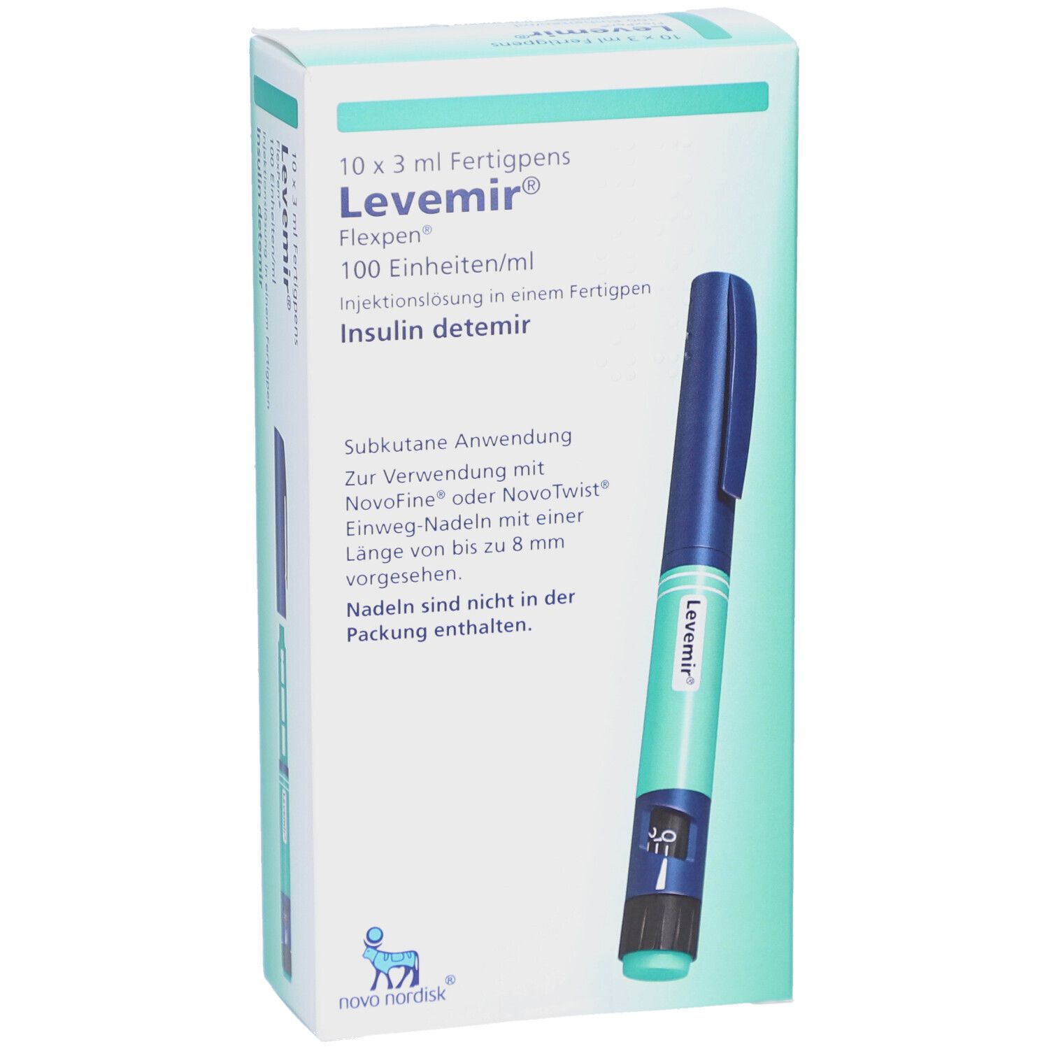 Verpackung mit Fertigpen. Aufschrift: Levemir Flexpen, 100 Einheiten/ml, Insulin detemir. Blaue und grüne Farben.