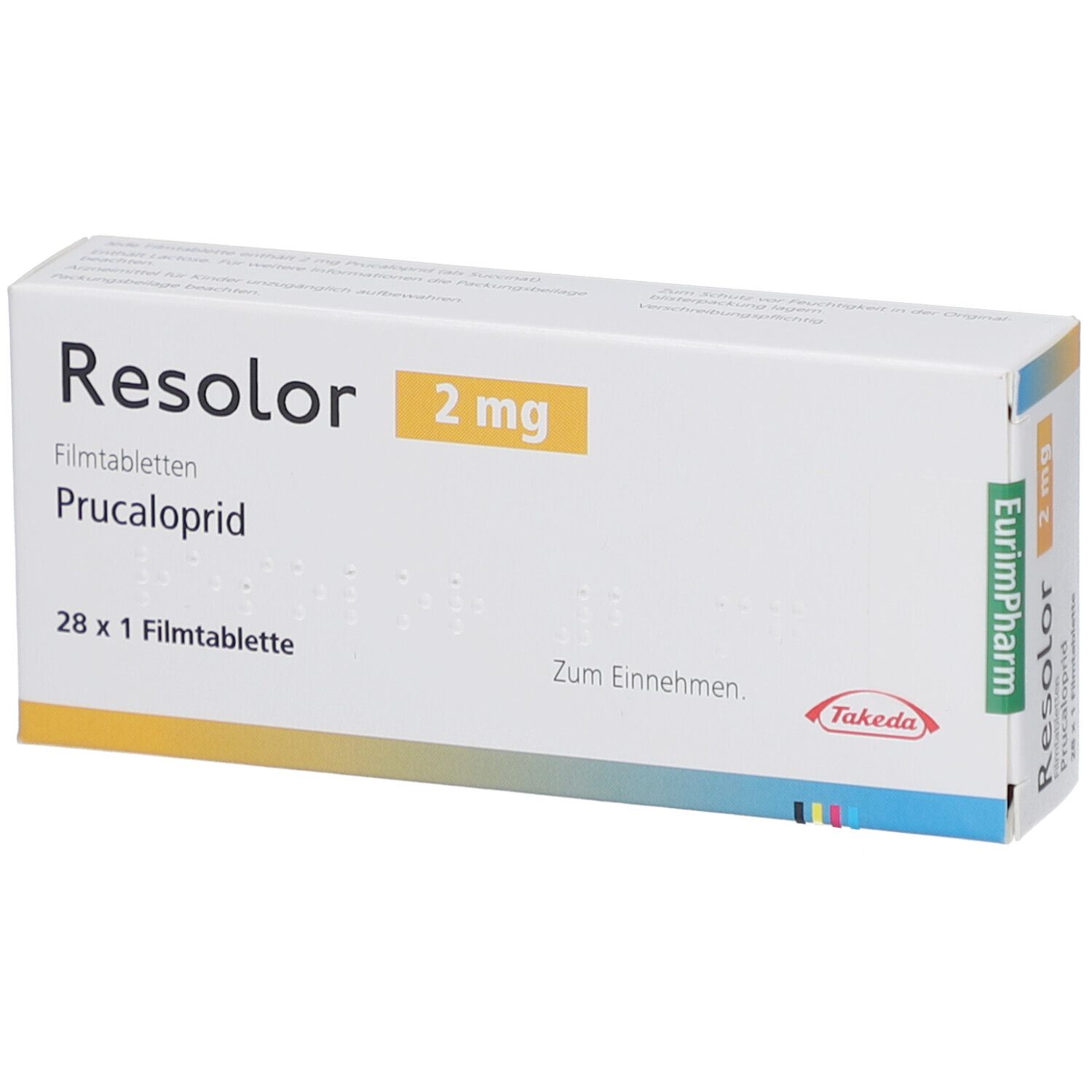 Schachtel mit RESOLOR 2 mg Filmtabletten. Aufschrift: RESOLOR, 2 mg, Filmtabletten, Prucaloprid, 28 x 1 Filmtablette, Zum Einnehmen, Takeda.