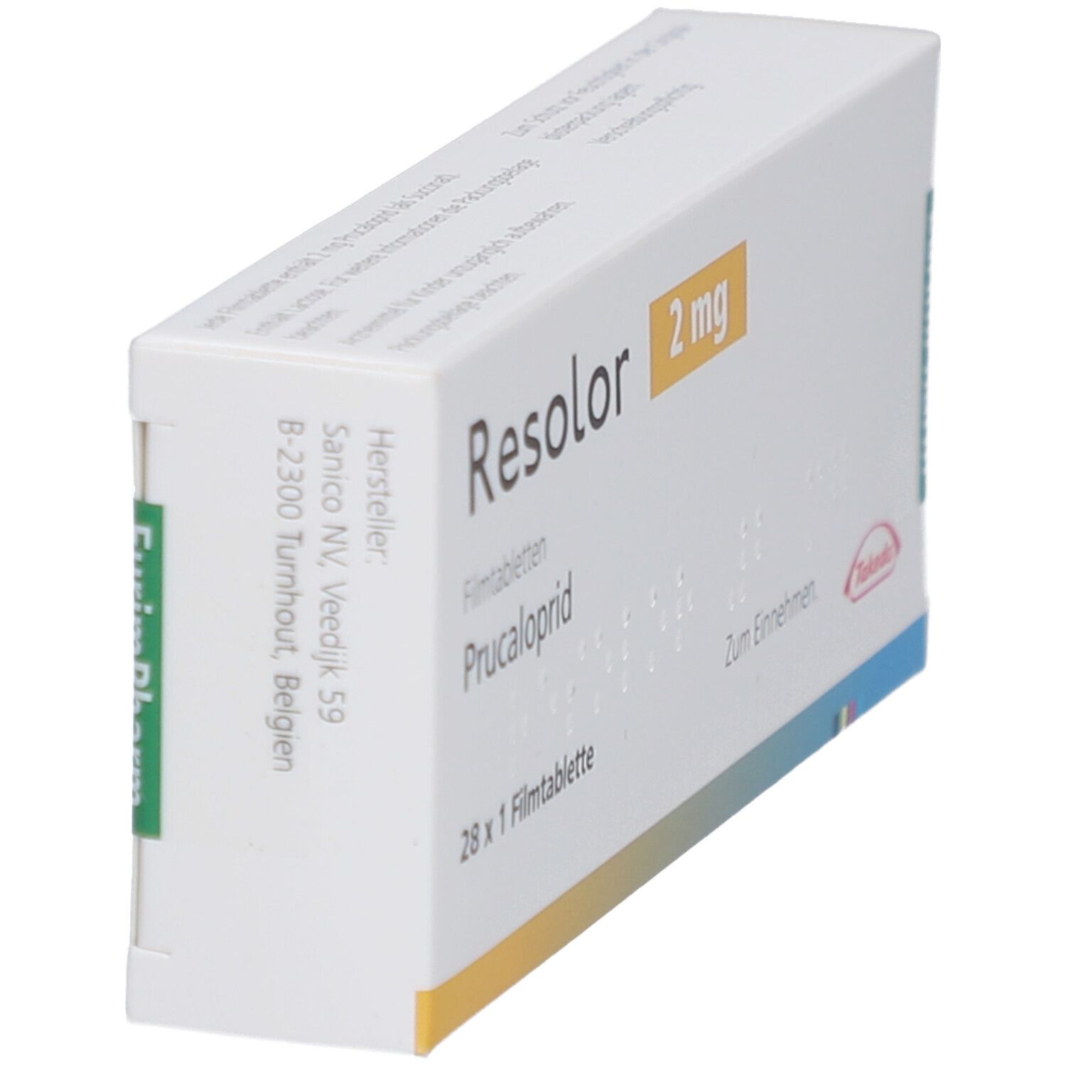 Schachtel RESOLOR 2 mg Filmtabletten. Seitenansicht. Aufschrift: RESOLOR, 2 mg, Filmtabletten, Prucaloprid, 28 x 1 Filmtablette. Hersteller: Sanico NV.