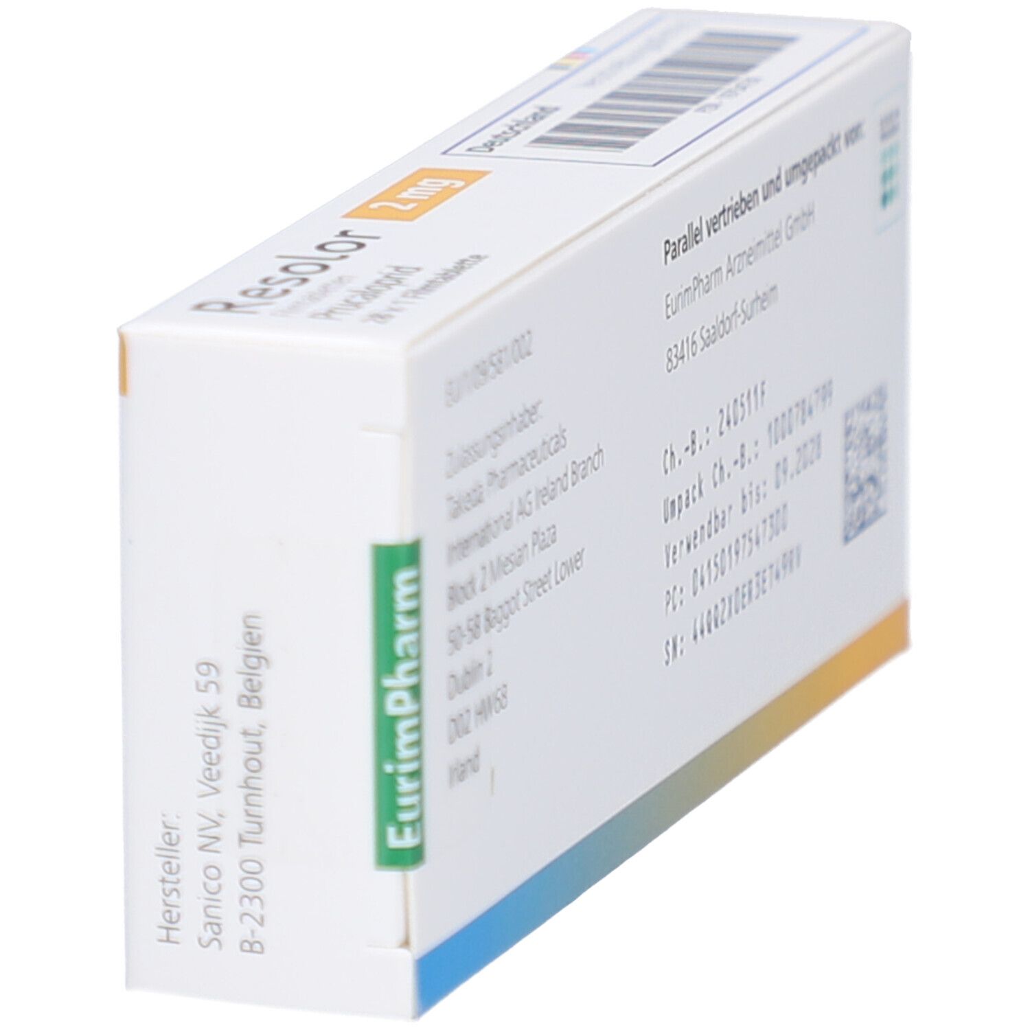 Schachtel RESOLOR 2 mg Filmtabletten. Seitenansicht. Aufschrift: Hersteller: Sanico NV, EurimPharm, Zulassungsinhaber, Parallel vertrieben und umgepackt von EurimPharm.