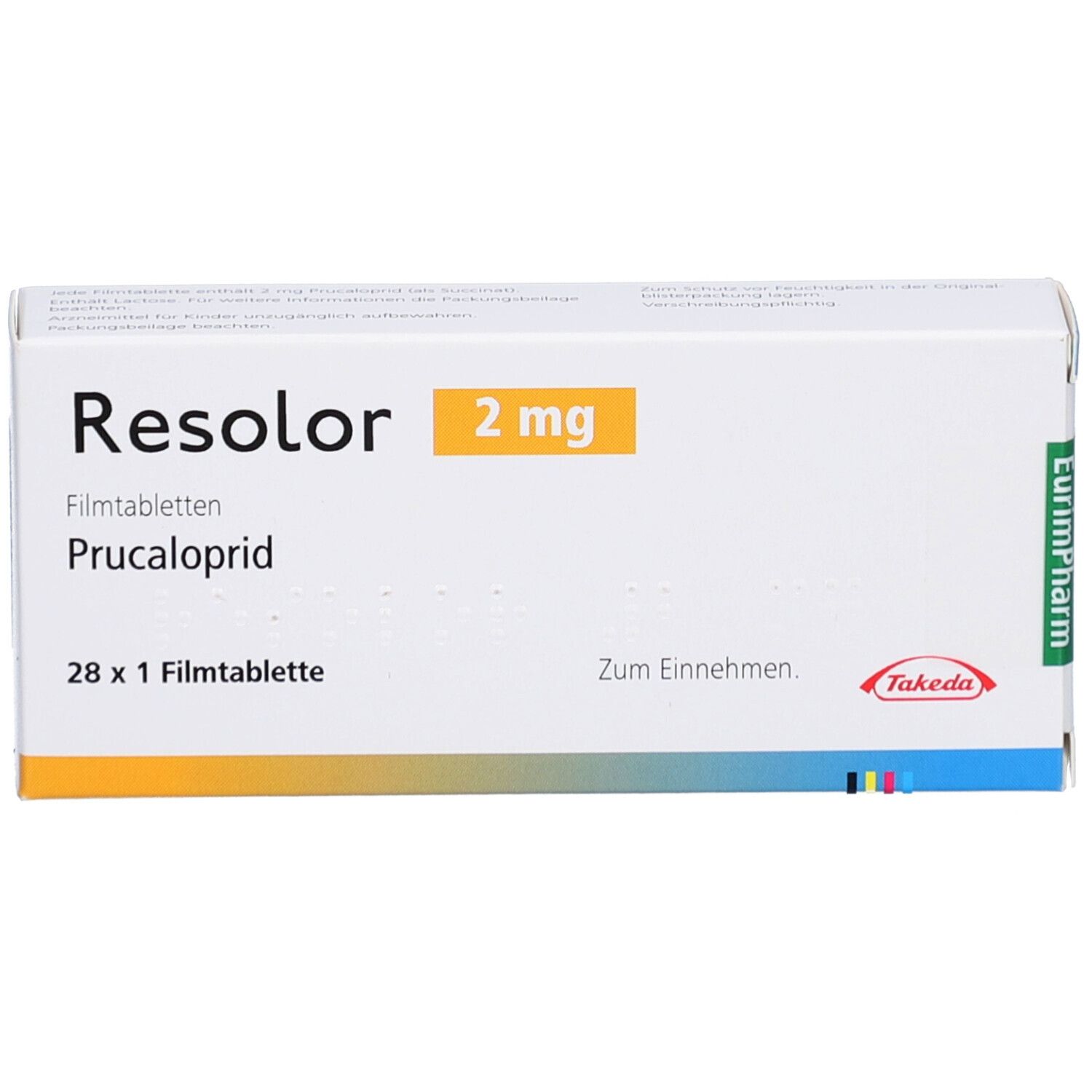 Schachtel mit RESOLOR 2 mg Filmtabletten. Aufschrift: RESOLOR, 2 mg, Filmtabletten, Prucaloprid, 28 x 1 Filmtablette, Zum Einnehmen, Takeda.