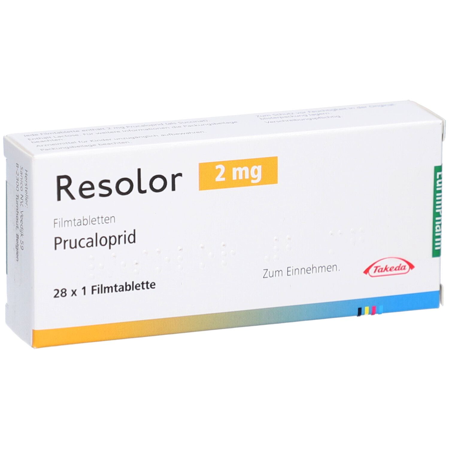 Schachtel mit RESOLOR 2 mg Filmtabletten. Aufschrift: RESOLOR, 2 mg, Filmtabletten, Prucaloprid, 28 x 1 Filmtablette, Zum Einnehmen, Takeda.