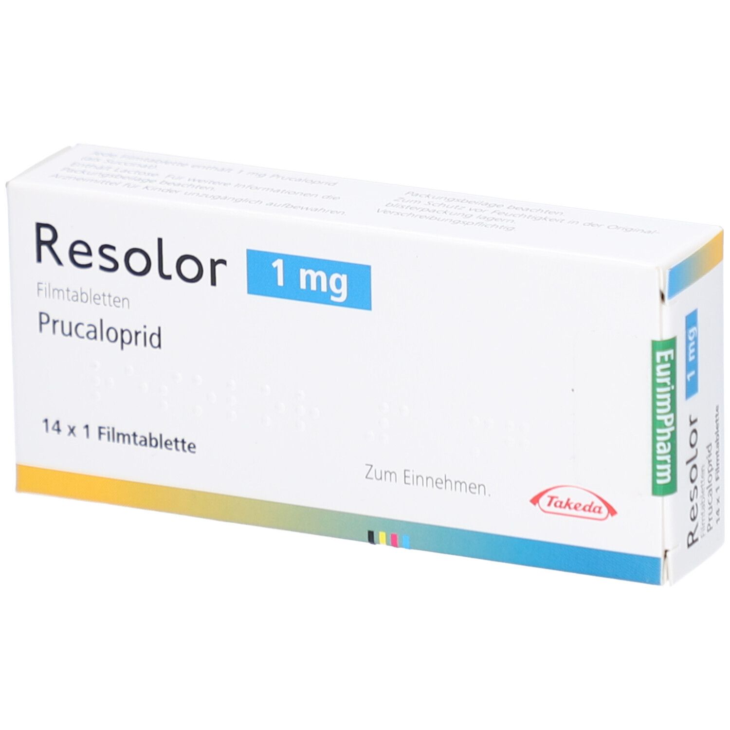 Weiße Schachtel mit RESOLOR 1 mg Filmtabletten. Aufschrift: Prucaloprid, 14 x 1 Filmtablette. Takeda-Logo.