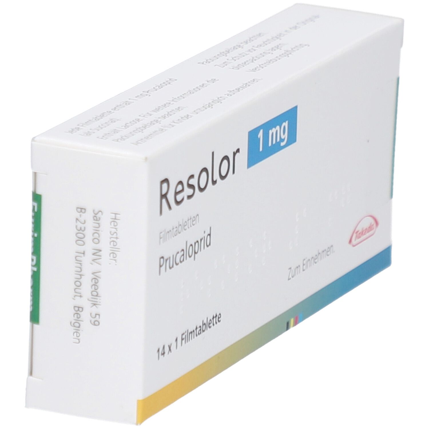 Schachtel RESOLOR 1 mg Filmtabletten, seitliche Ansicht. Aufschrift: Prucaloprid, 14 x 1 Filmtablette. Takeda-Logo.