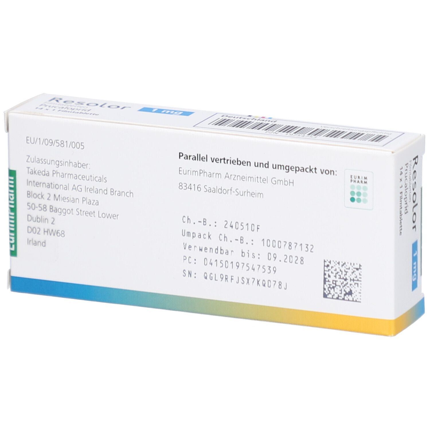 Rückseite der Schachtel RESOLOR 1 mg Filmtabletten. Angaben zu Hersteller, Chargennummer, Verfallsdatum und Apothekeninformationen.