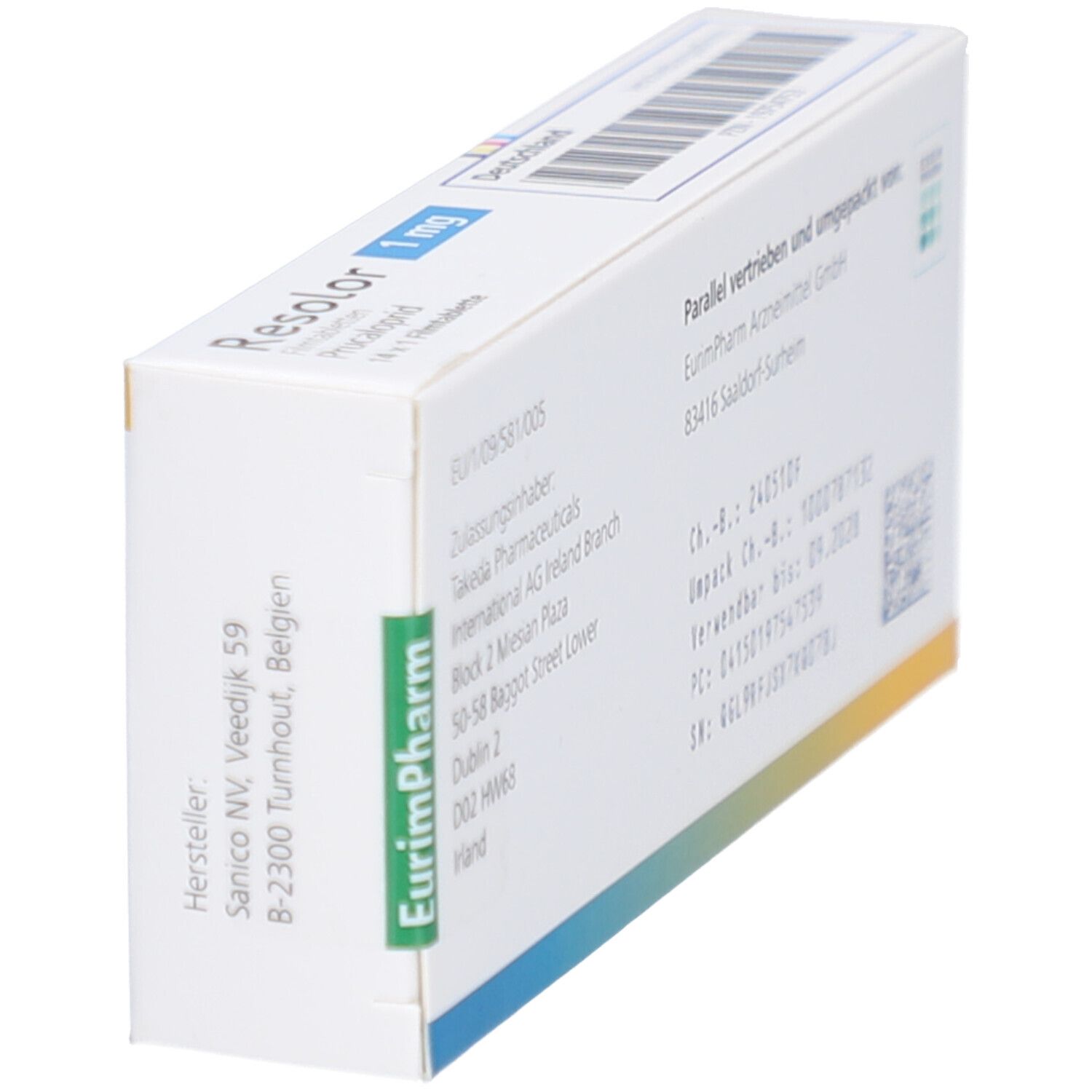 Schachtel RESOLOR 1 mg Filmtabletten, schräge Ansicht. Angaben zu Hersteller, Chargennummer, Verfallsdatum und Apothekeninformationen.