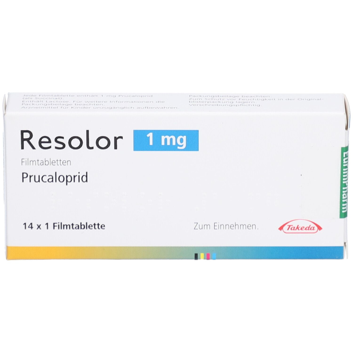 Weiße Schachtel RESOLOR 1 mg Filmtabletten. Aufschrift: Prucaloprid, 14 x 1 Filmtablette. Takeda-Logo. EurimPharm-Logo.