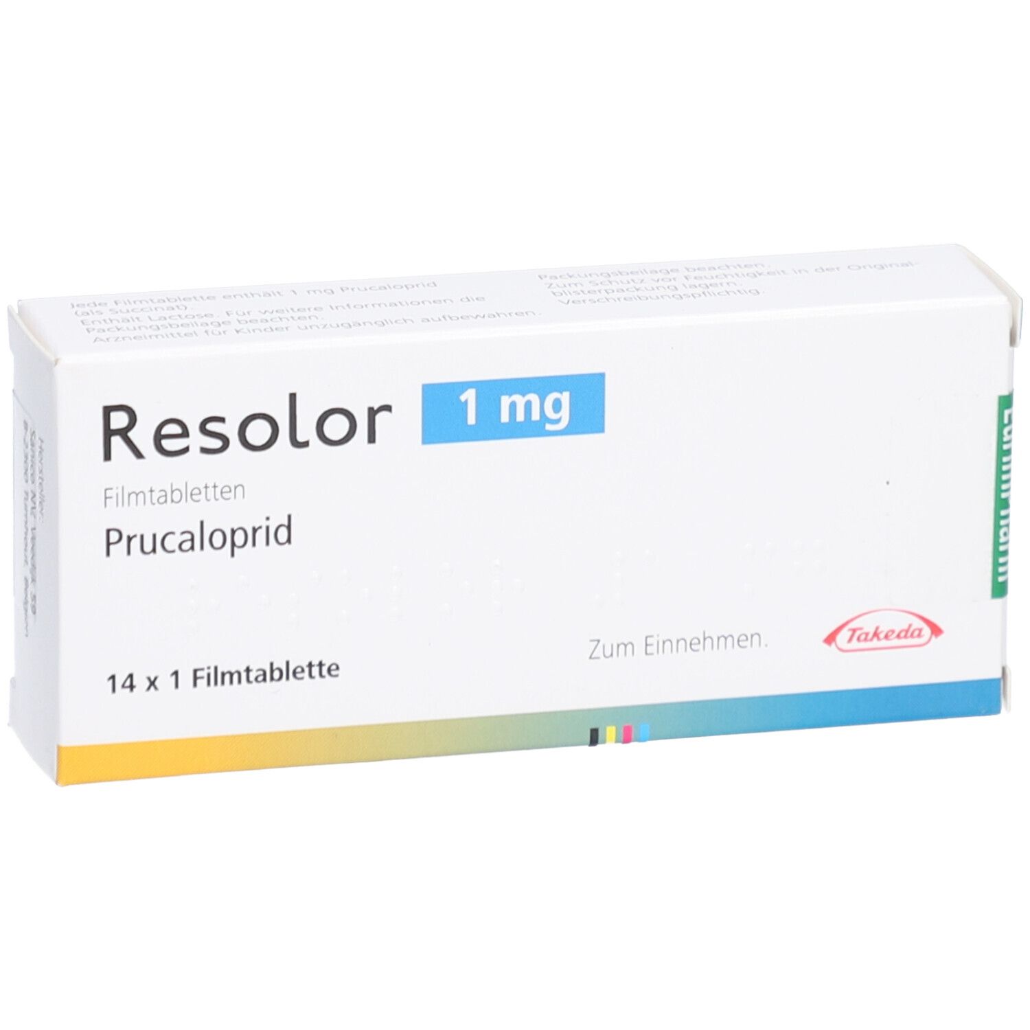 Weiße Schachtel RESOLOR 1 mg Filmtabletten. Aufschrift: Prucaloprid, 14 x 1 Filmtablette. Takeda-Logo. EurimPharm-Logo.