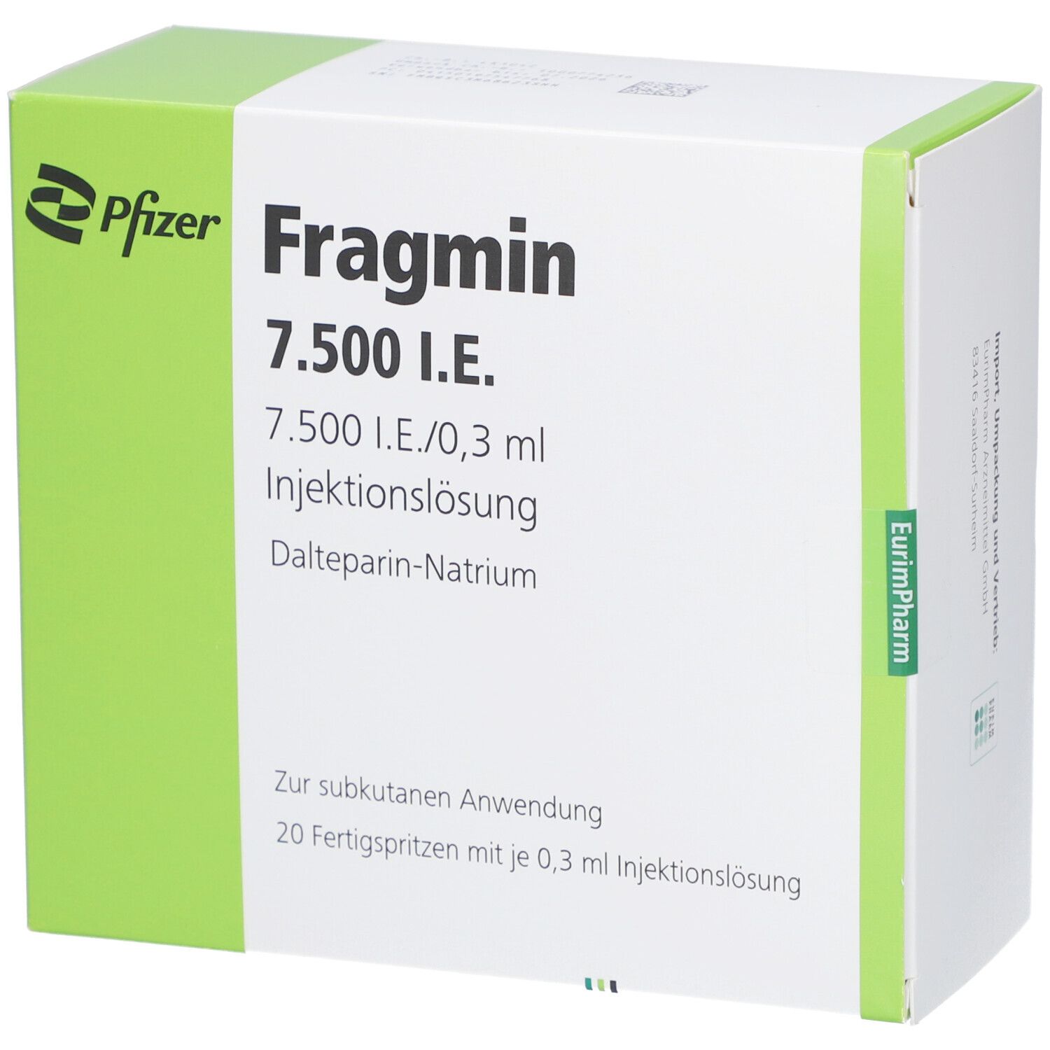 Schachtel mit Fragmin 7.500 I.E. von Pfizer. Enthält 20 Fertigspritzen. Aufschrift: 7.500 I.E./0,3 ml Injektionslösung.
