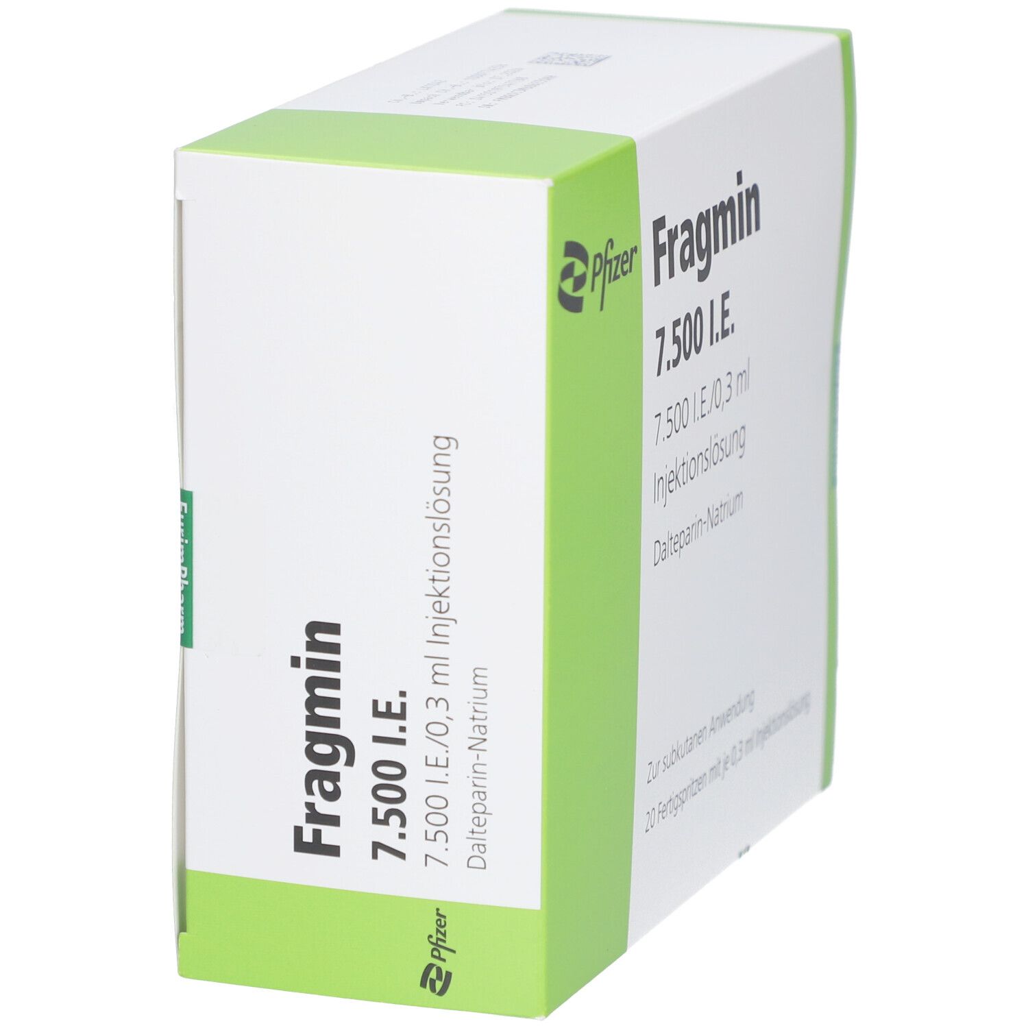 Schachtel mit Fragmin 7.500 I.E. von Pfizer. Aufschrift: 7.500 I.E./0,3 ml Injektionslösung. Dalteparin-Natrium.