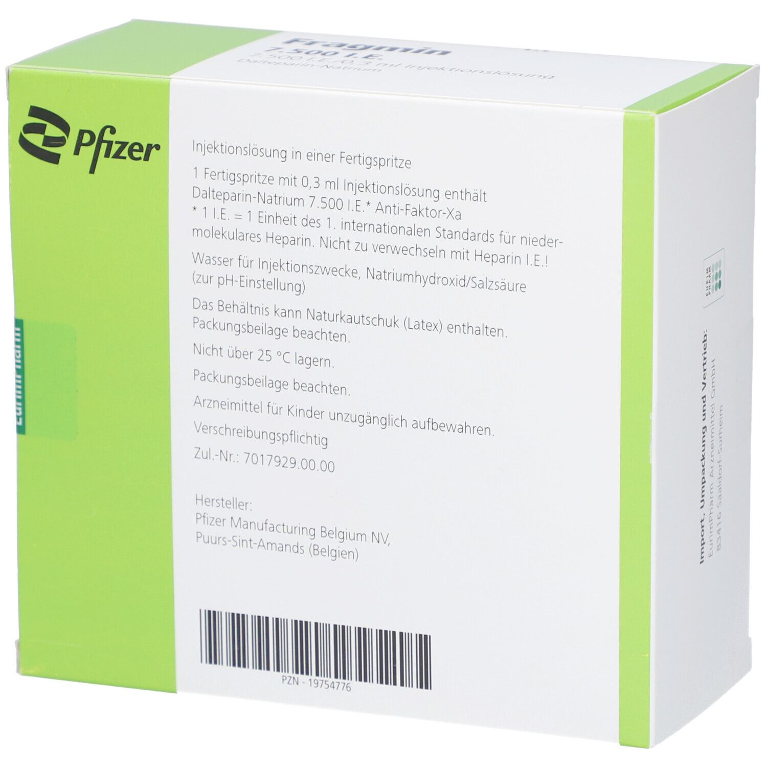 Rückseite der Fragmin-Schachtel. Text: 1 Fertigspritze mit 0,3 ml Injektionslösung enthält... Hersteller: Pfizer Manufacturing Belgium NV.