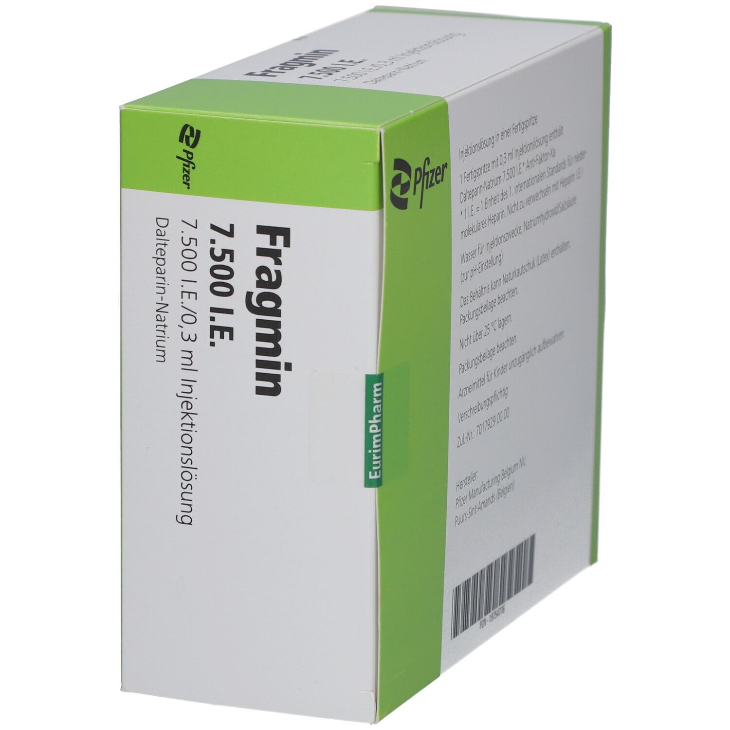Schachtel mit Fragmin 7.500 I.E. von Pfizer. Aufschrift: 7.500 I.E./0,3 ml Injektionslösung. Dalteparin-Natrium.