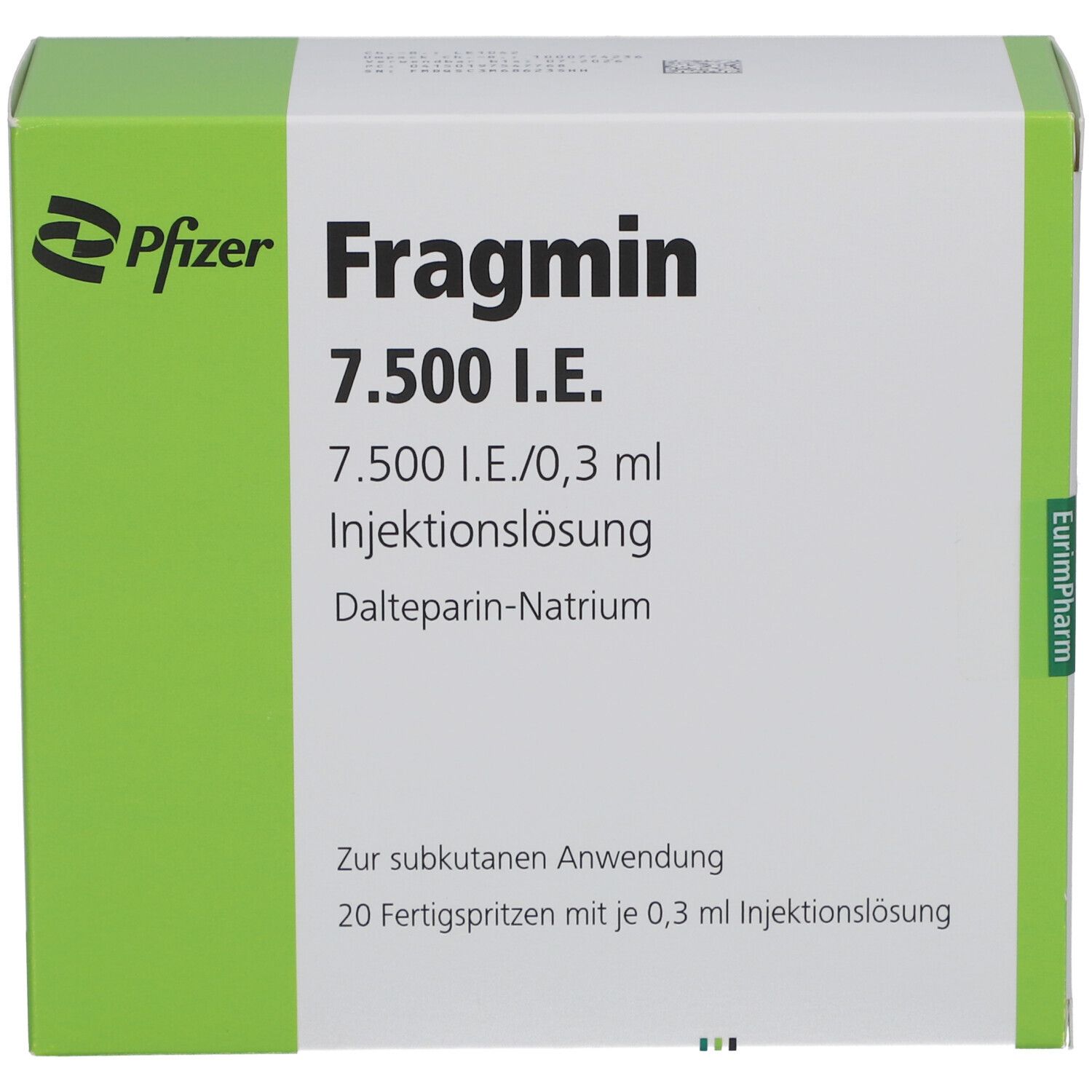 Schachtel mit Fragmin 7.500 I.E. von Pfizer. Enthält 20 Fertigspritzen. Aufschrift: 7.500 I.E./0,3 ml Injektionslösung.
