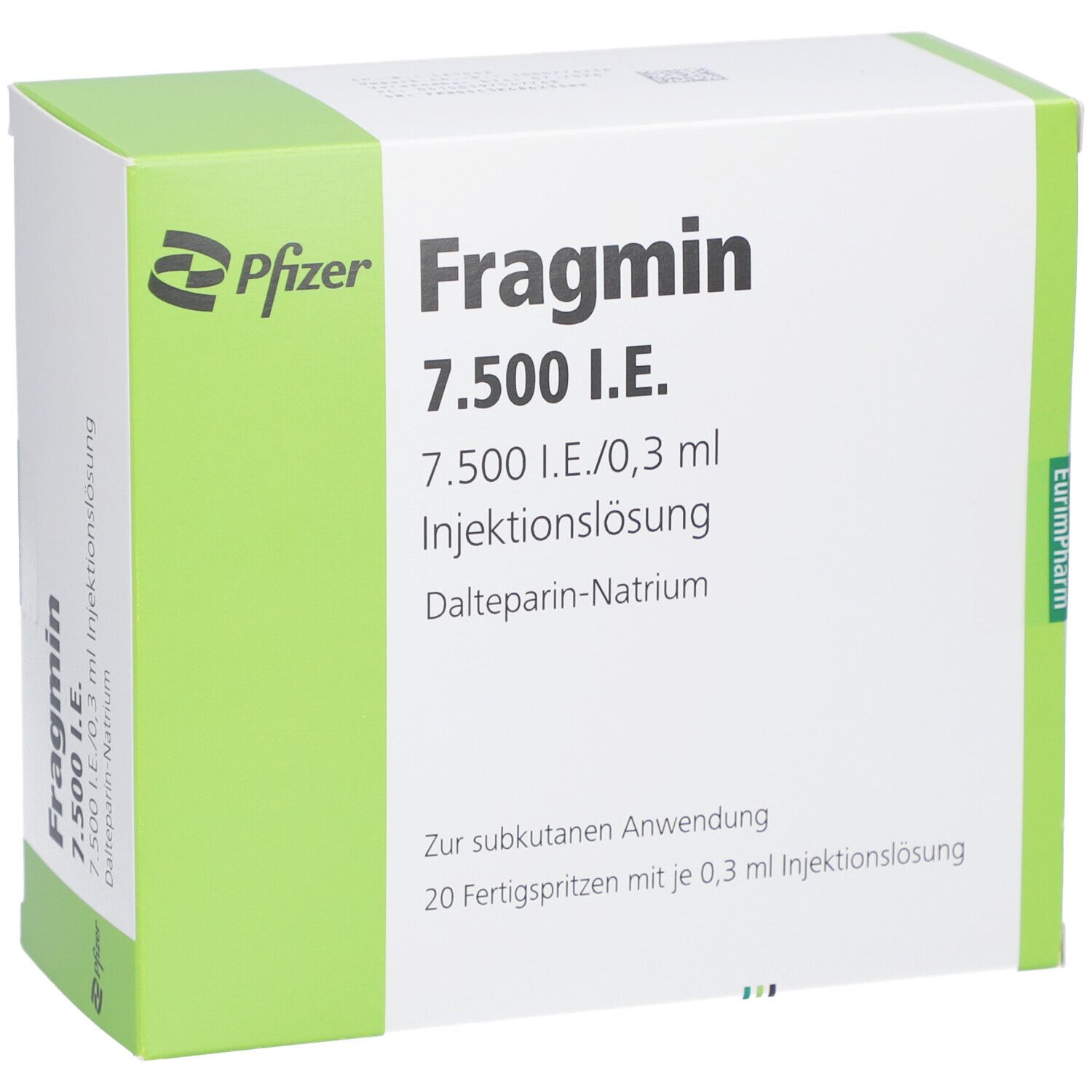 Schachtel mit Fragmin 7.500 I.E. von Pfizer. Enthält 20 Fertigspritzen. Aufschrift: 7.500 I.E./0,3 ml Injektionslösung.