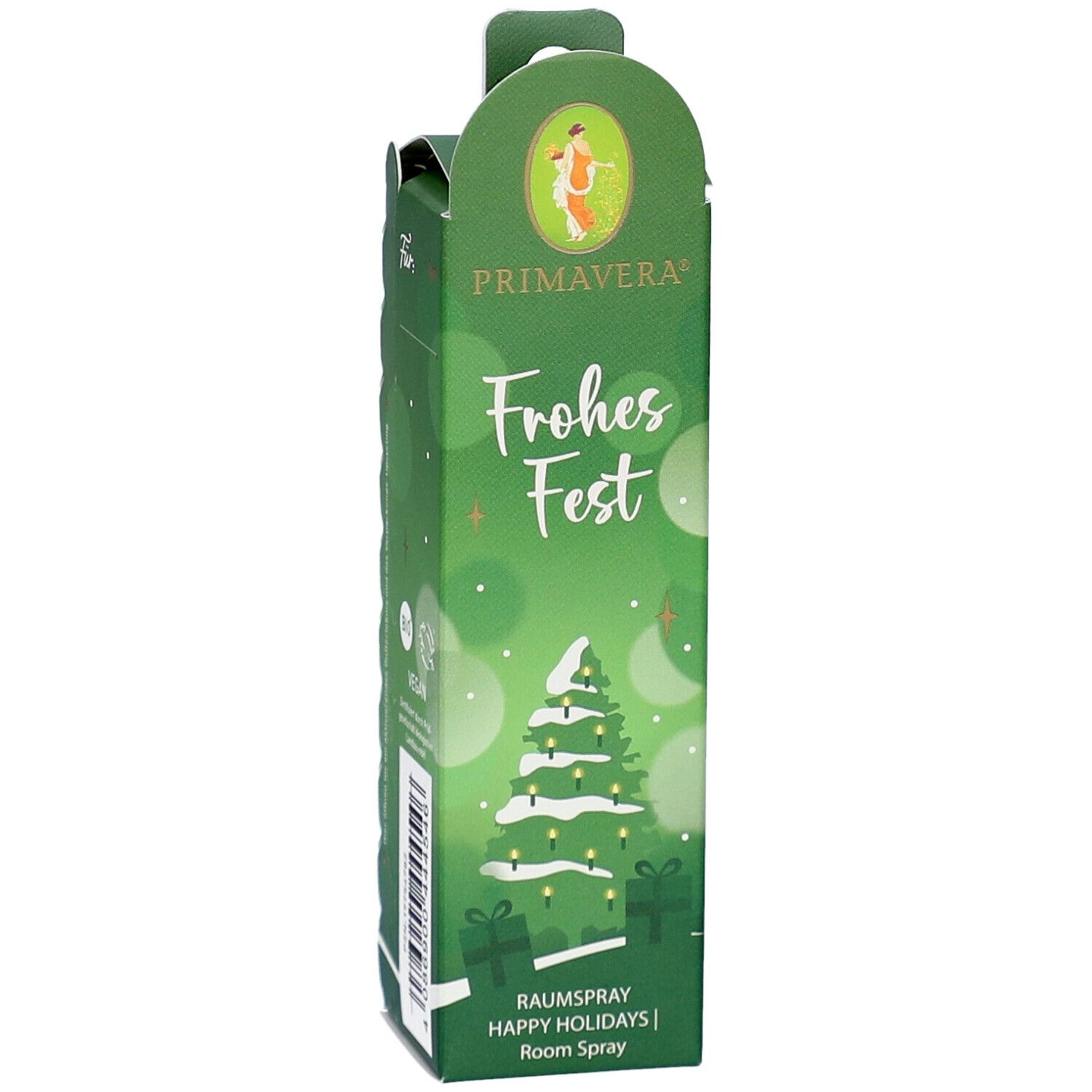 Grüne Verpackung mit "Frohes Fest" und Weihnachtsbaum. Marke Primavera. Raumspray.