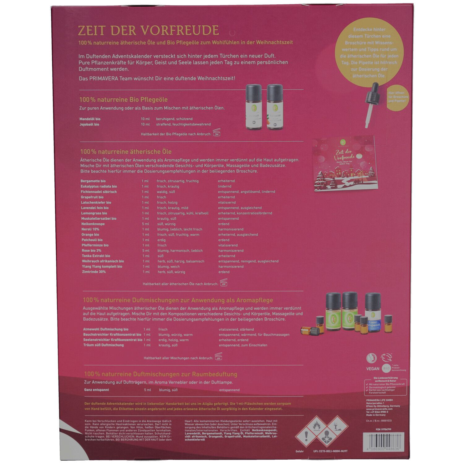 Rückseite des Adventskalenders mit Text und Produktabbildungen. Enthält Informationen zu Inhaltsstoffen und Anwendung.