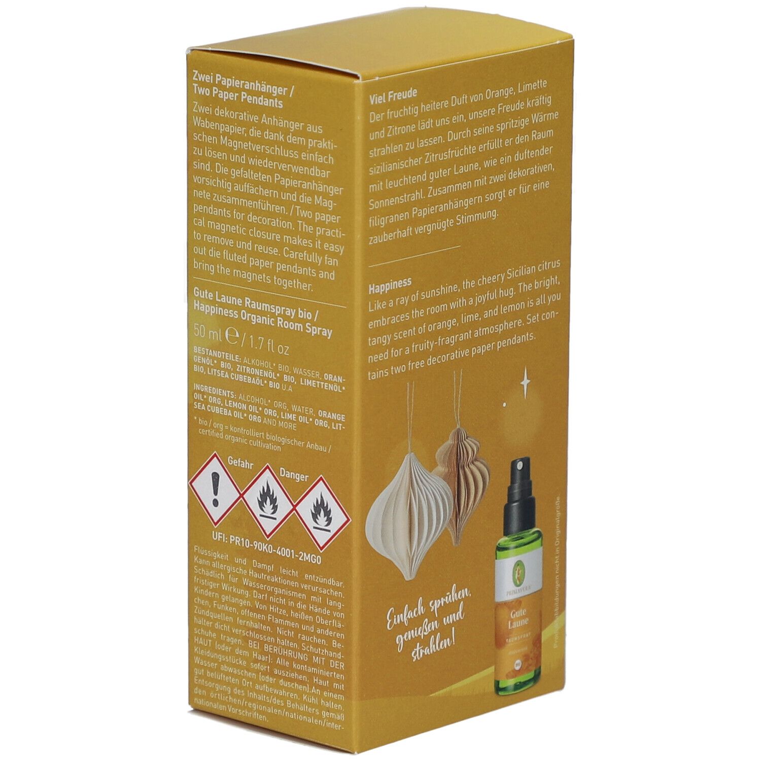 Rückseite der gelben Schachtel mit Primavera-Logo. Enthält Raumspray und Papieranhänger. Warnhinweise.