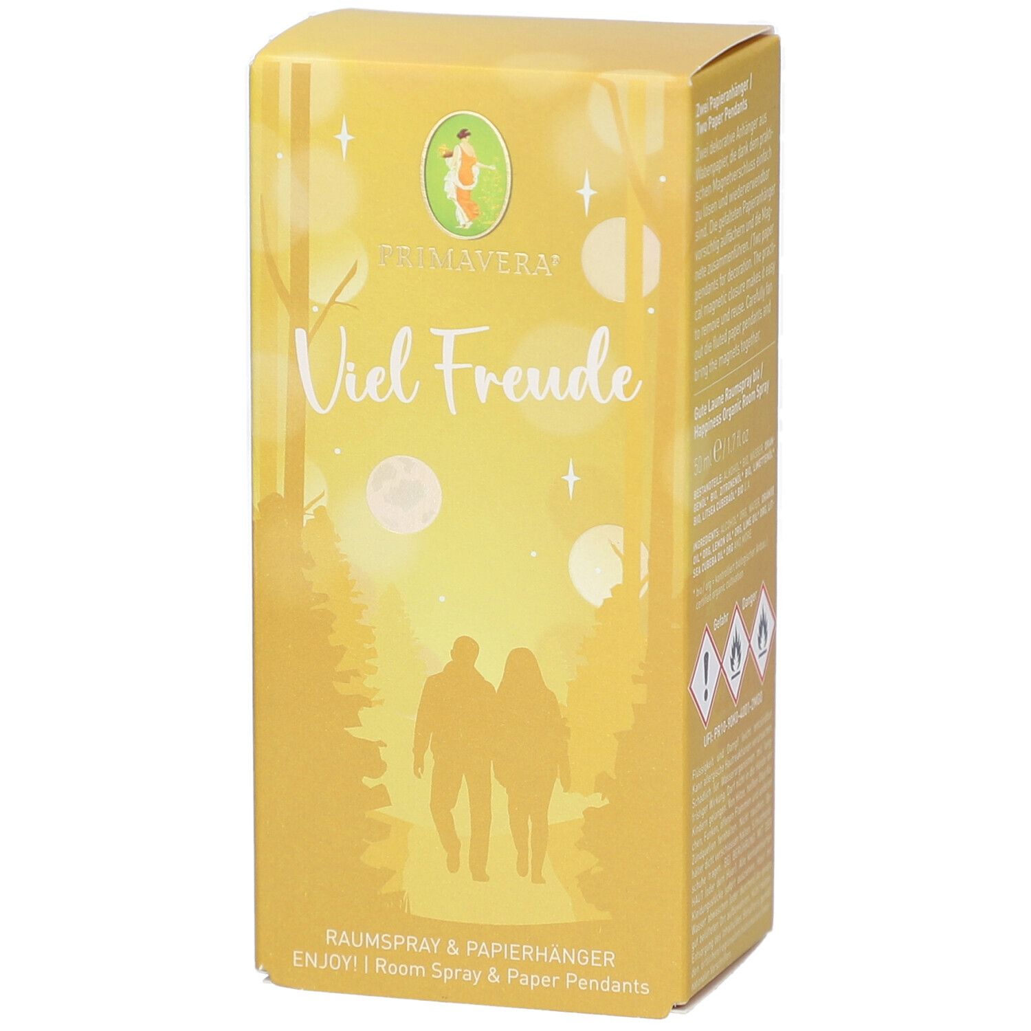 Gelbe Schachtel mit Primavera-Logo und Aufschrift "Viel Freude". Enthält Raumspray und Papieranhänger. Warnhinweise.