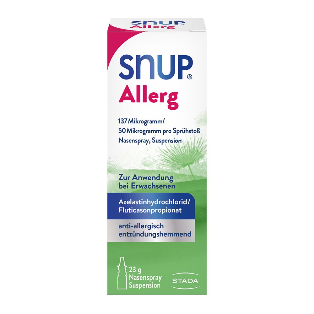 SNUP Allerg Nasenspray-Packung. Enthält Azelastin und Fluticason. Grün-weißes Design mit Produktinformationen.